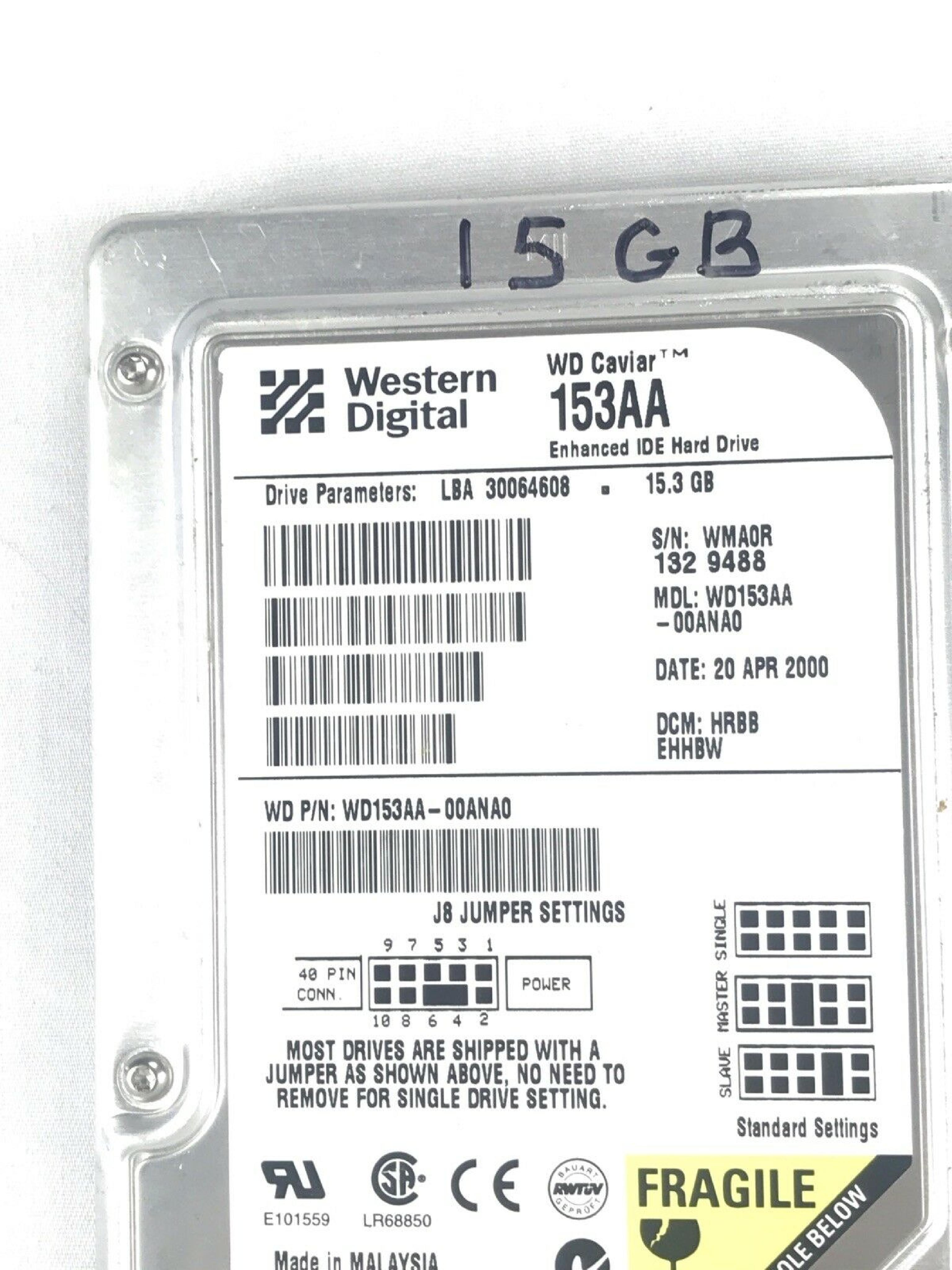 WESTERN DIGITAL / WD WD153AA-00ANA0 15.3GB IDE DRIVE LBA 30064608 DATE 02 APR 2000 DCM RSAA EHHA0 15GB RSAAEHHA0