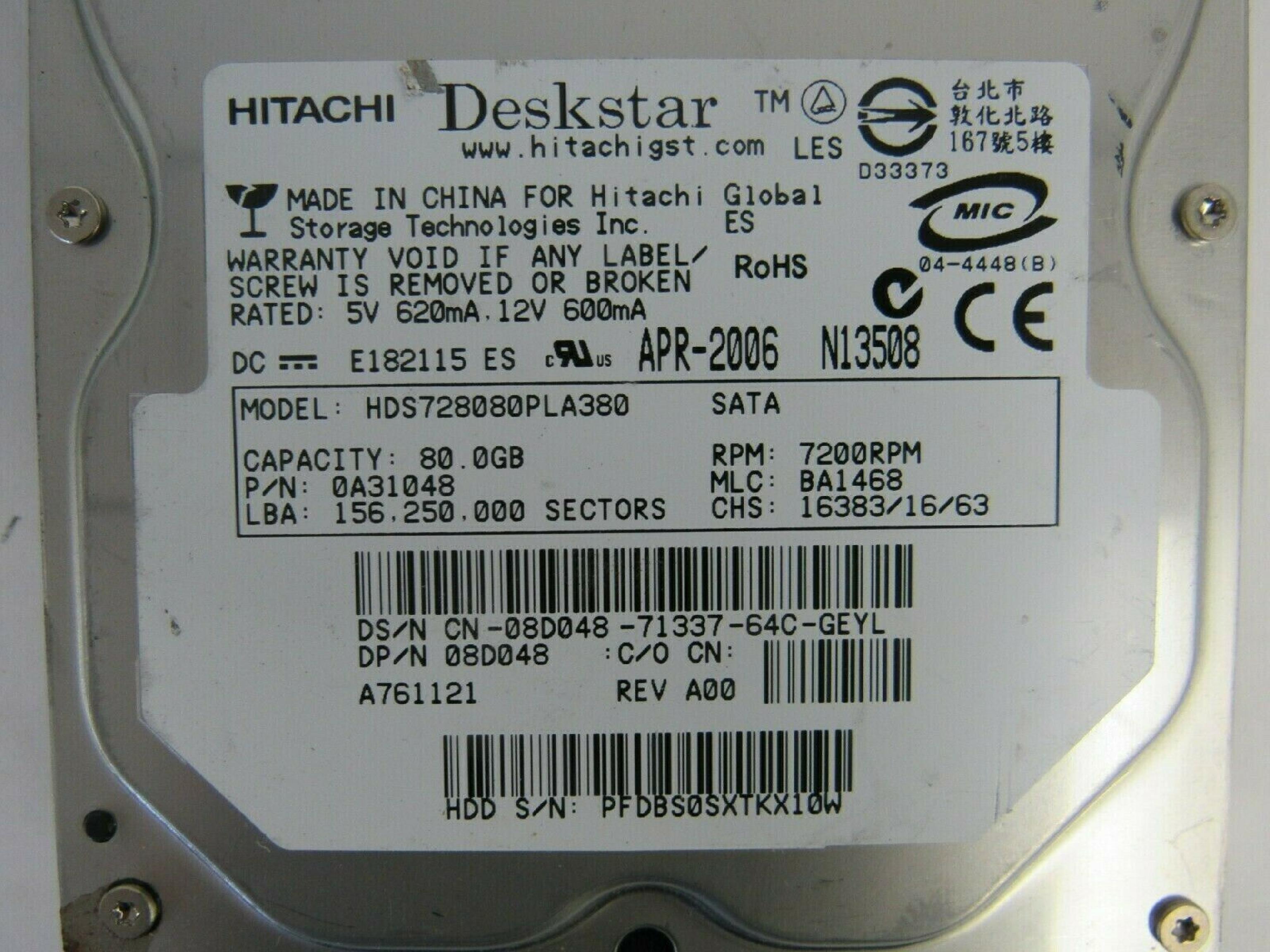 DELL 08D048 80GB SATA DRIVE FEB-2006 MLC: BA1468 LBA: 156.250.000