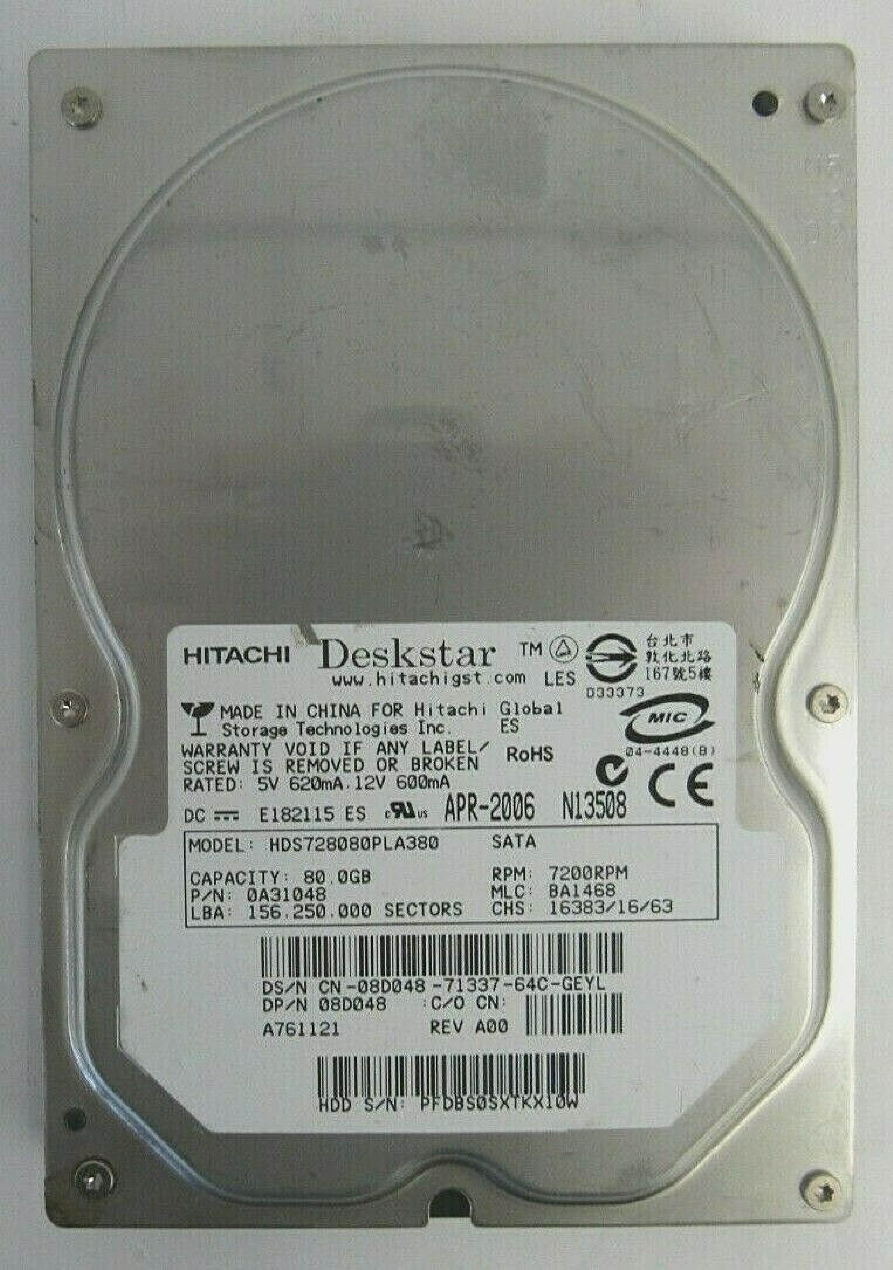 DELL 08D048 80GB SATA DRIVE FEB-2006 MLC: BA1468 LBA: 156.250.000