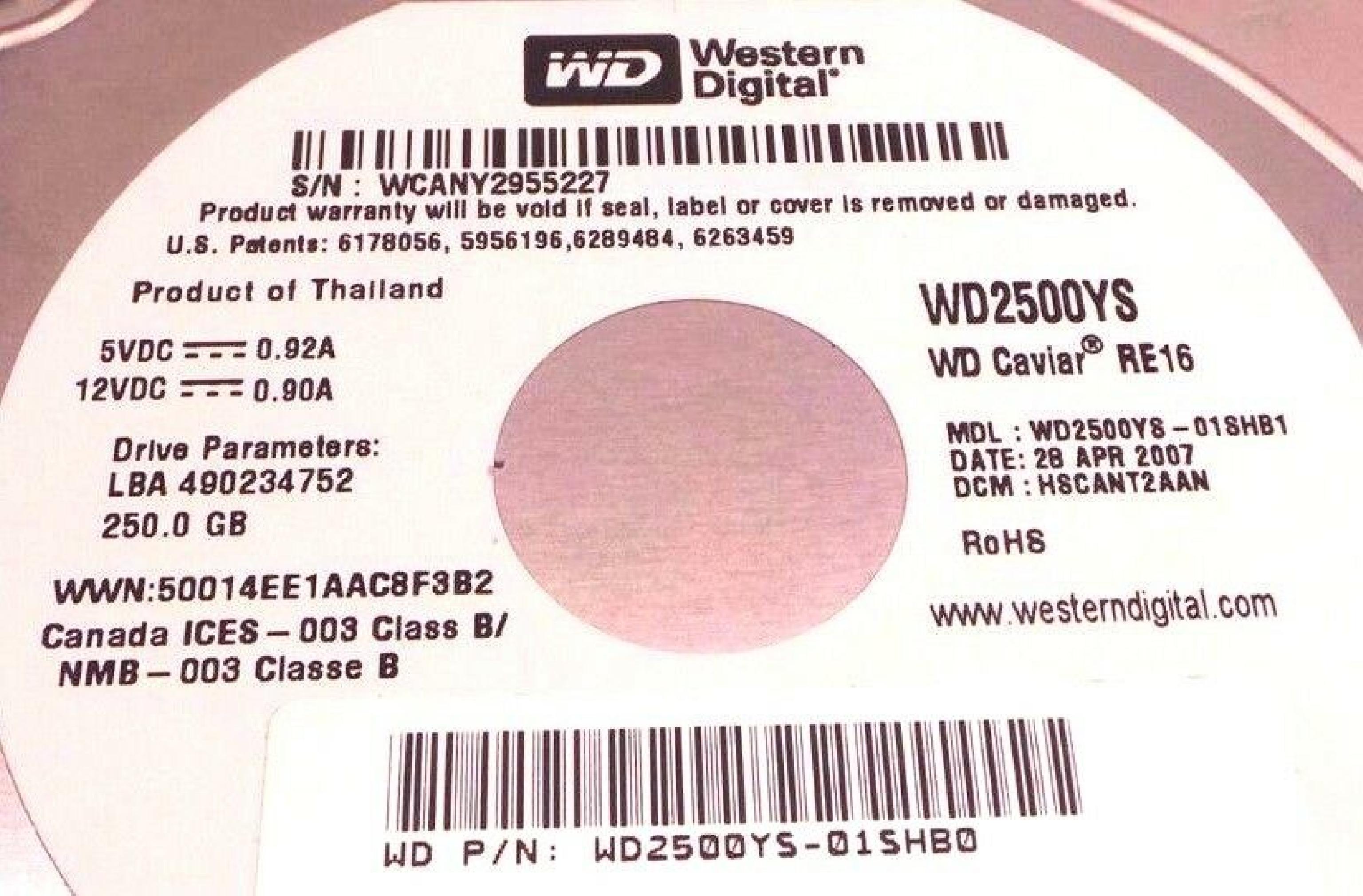 WESTERN DIGITAL / WD WD2500YS 250GB SATA DRIVE 02 MAY 2007 DCM: HSBHNTJAHN REV A00 LBA: 488281250