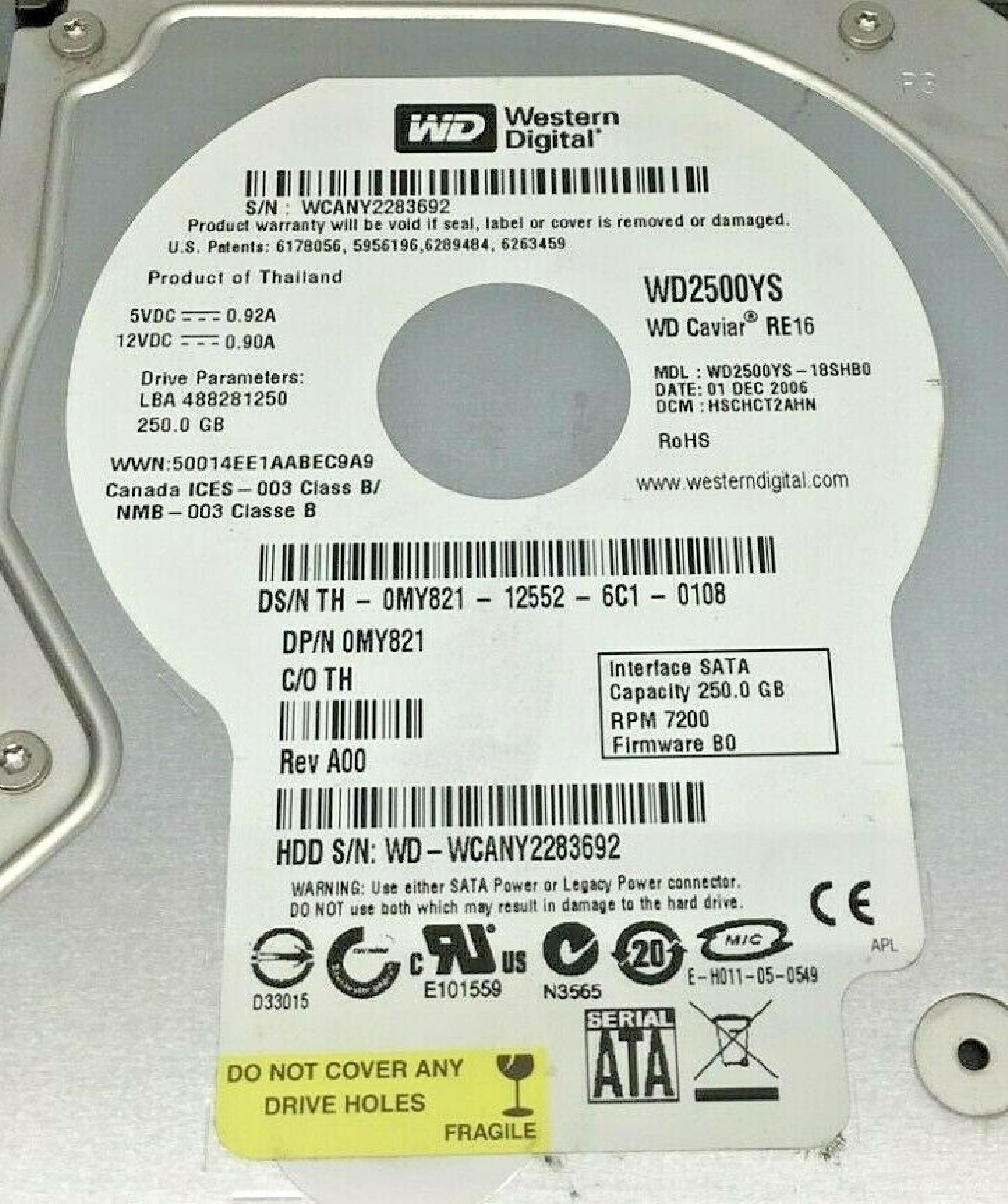 DELL KT960 250GB SATA DRIVE 02 MAY 2007 DCM: HSBHNTJAHN REV A00 LBA: 488281250