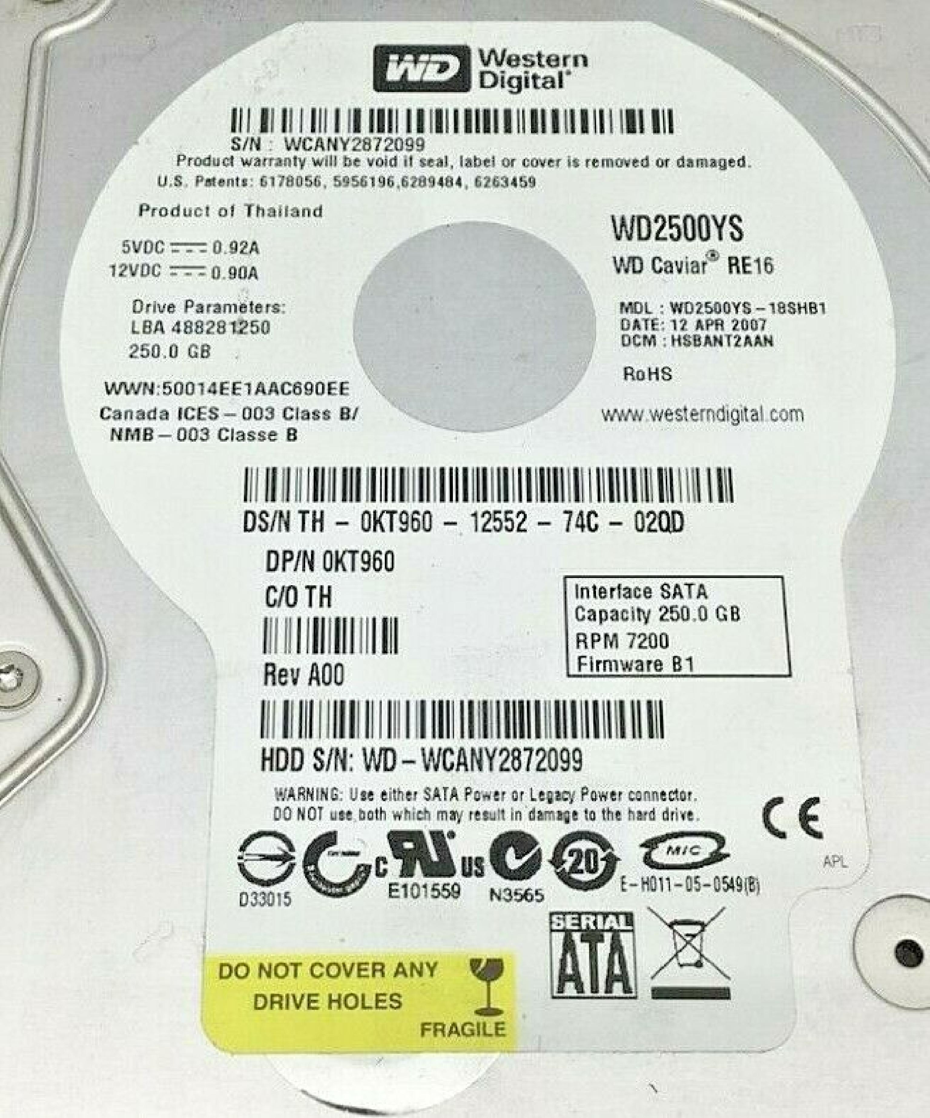 DELL KT960 250GB SATA DRIVE 02 MAY 2007 DCM: HSBHNTJAHN REV A00 LBA: 488281250