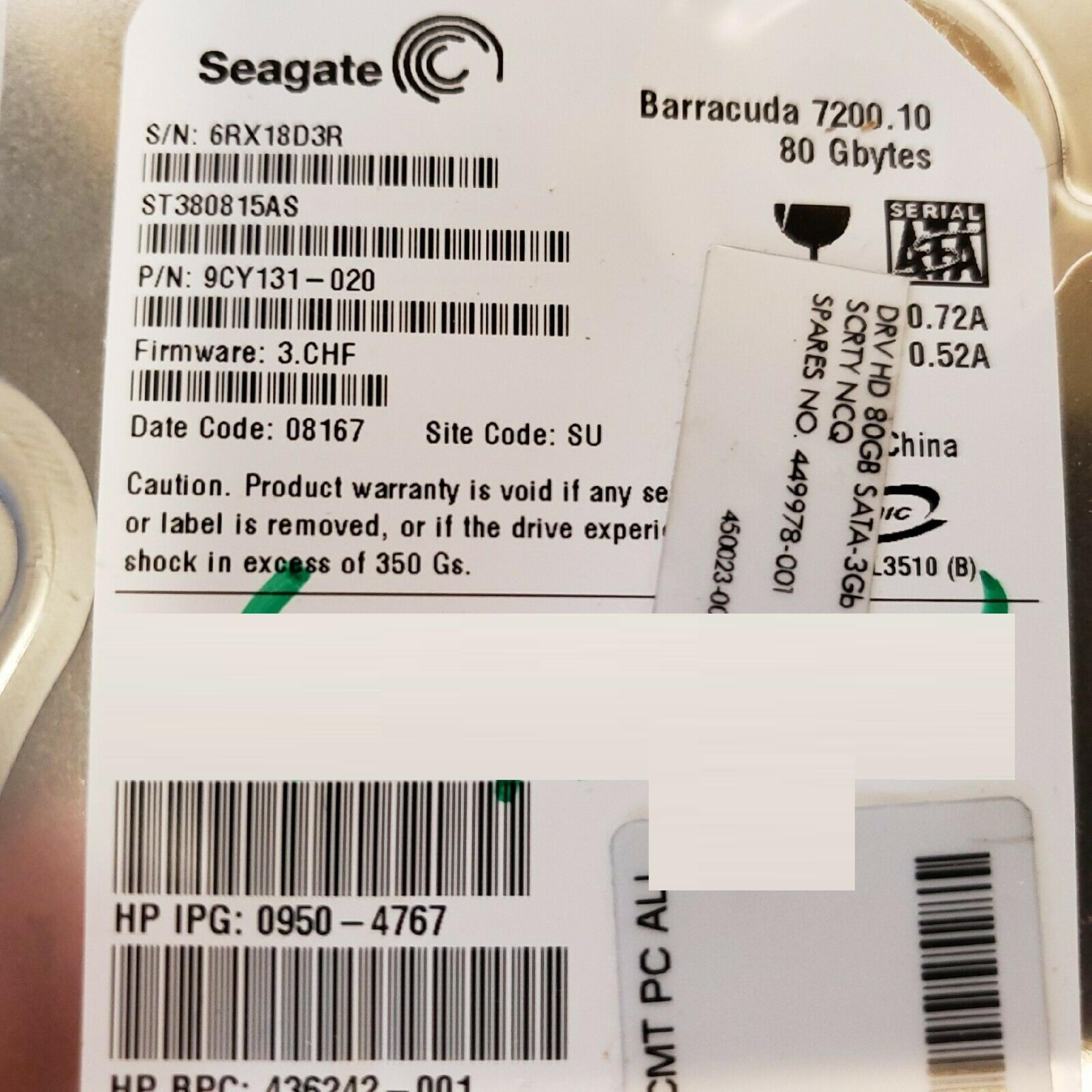 SEAGATE 9CY131-020 80GB SATA DRIVE FIRMWARE 3.CHF DATE 08043 SITE CODE TK