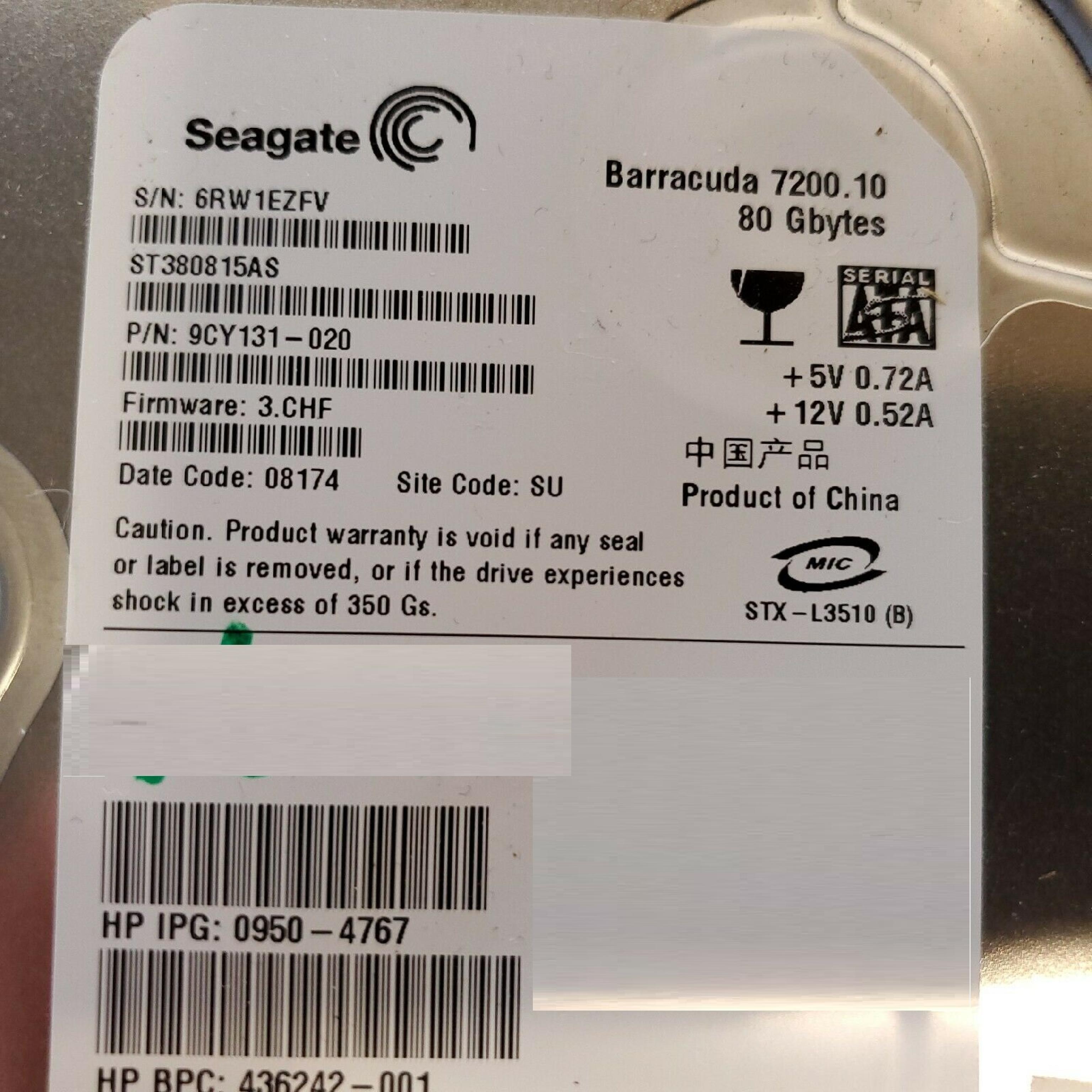 SEAGATE 9CY131-020 80GB SATA DRIVE FIRMWARE 3.CHF DATE 08043 SITE CODE TK