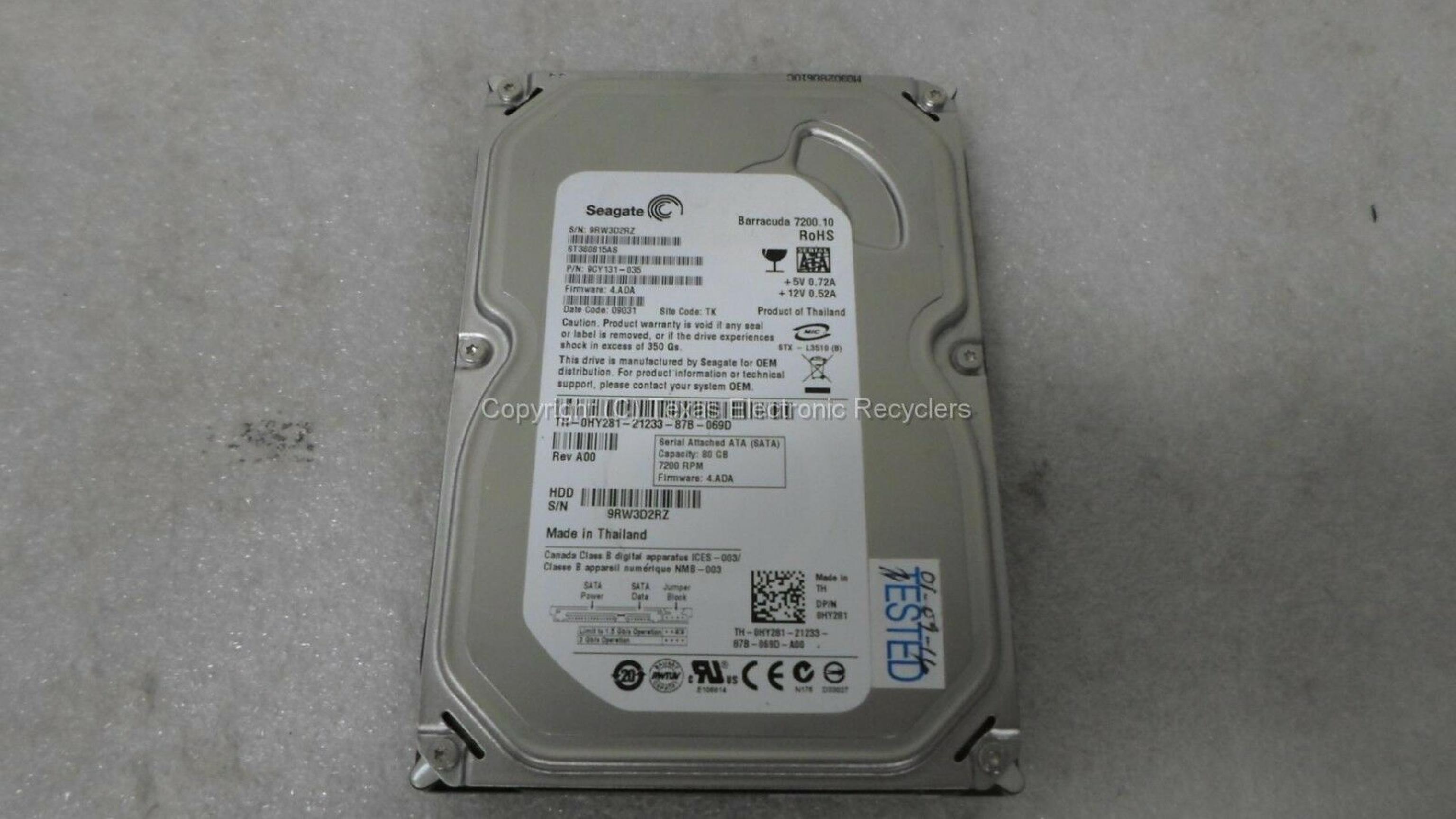 SEAGATE 9CY131-035 80GB SATA DRIVE FIRMWARE 4.ADA DATE 09025 SITE CODE TK