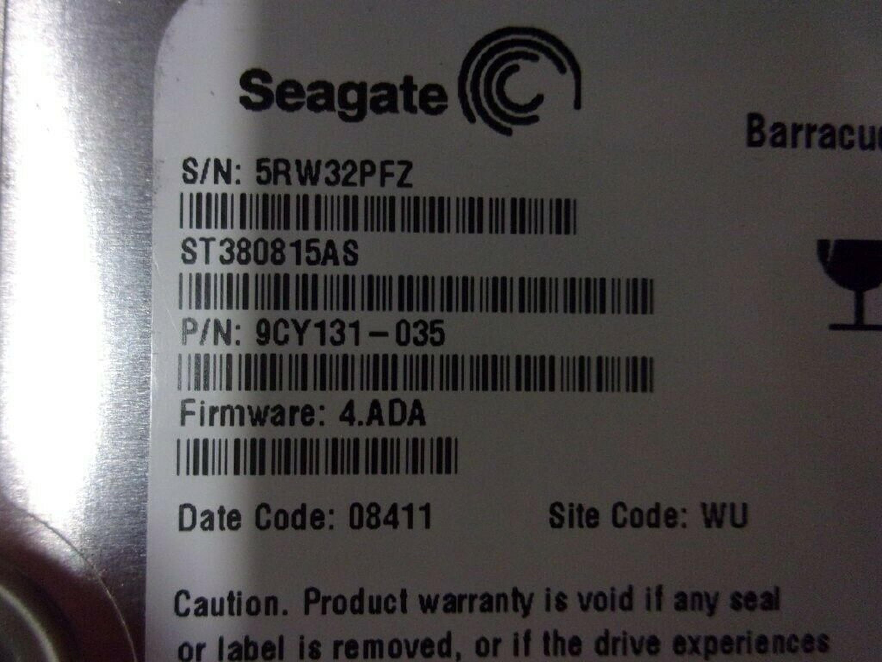 SEAGATE 9CY131-035 80GB SATA DRIVE FIRMWARE 4.ADA DATE 09025 SITE CODE TK