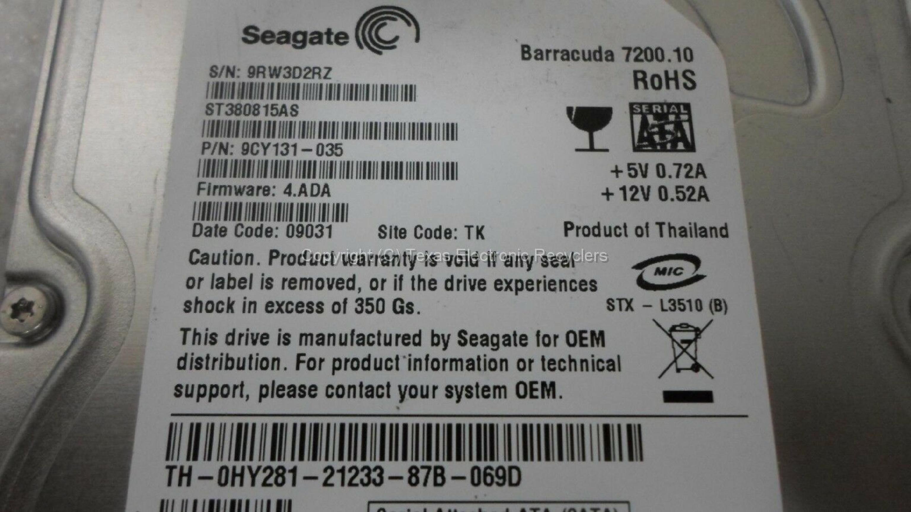 SEAGATE 9CY131-035 80GB SATA DRIVE FIRMWARE 4.ADA DATE 09025 SITE CODE TK