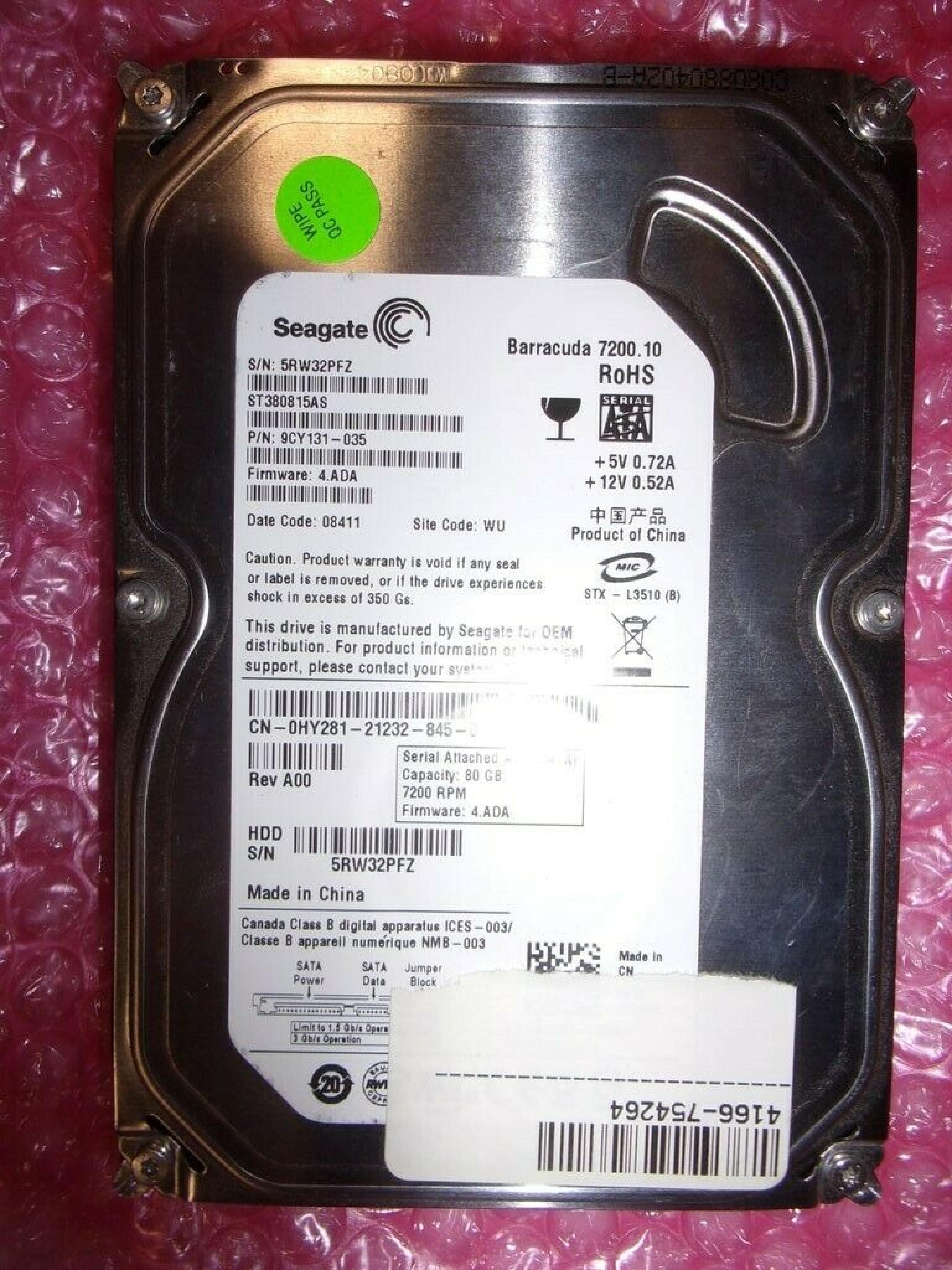 SEAGATE 9CY131-035 80GB SATA DRIVE FIRMWARE 4.ADA DATE 09025 SITE CODE TK