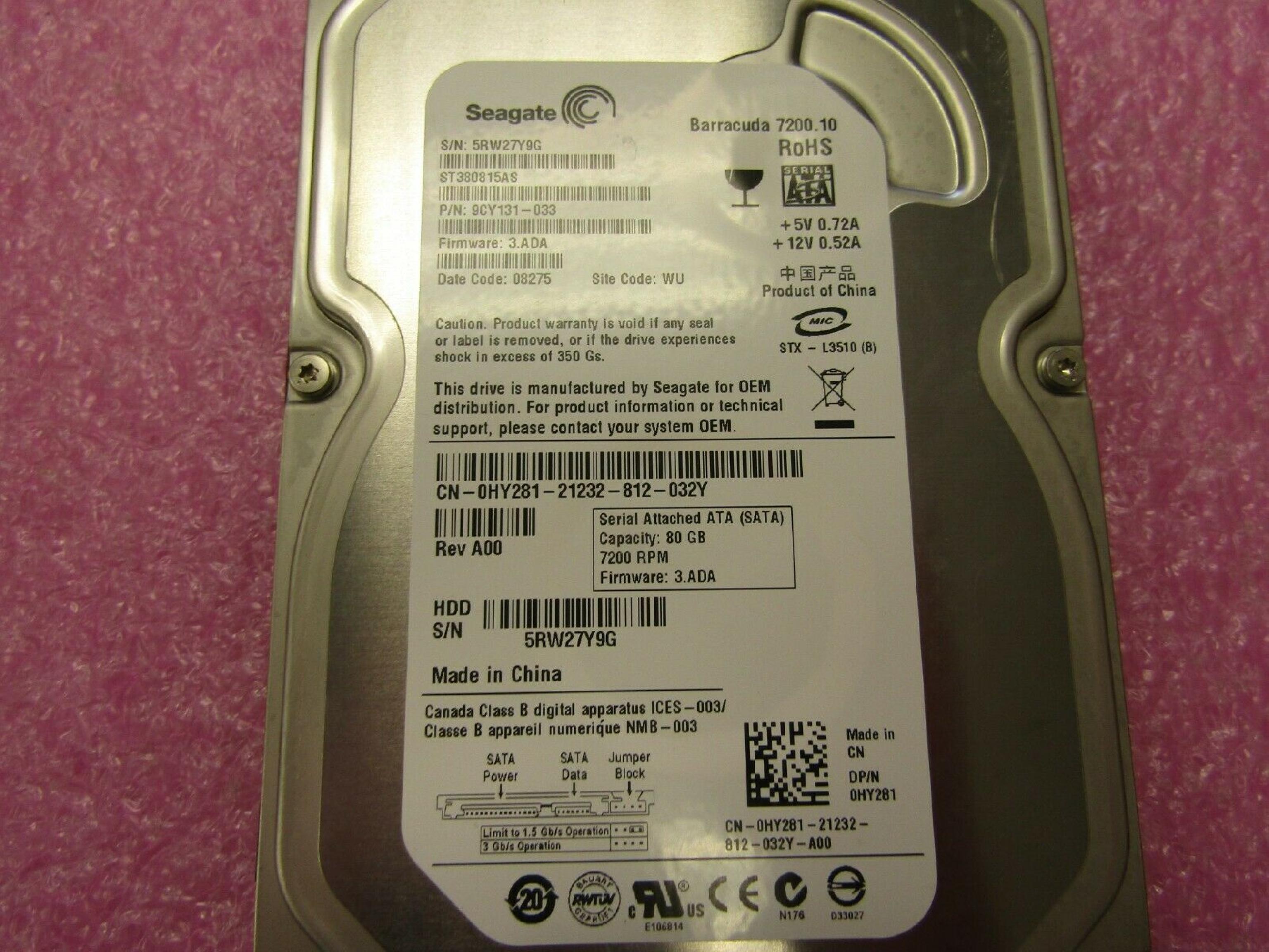 DELL HY281 80GB SATA DRIVE FIRMWARE 4.ADA DATE 09025 SITE CODE TK