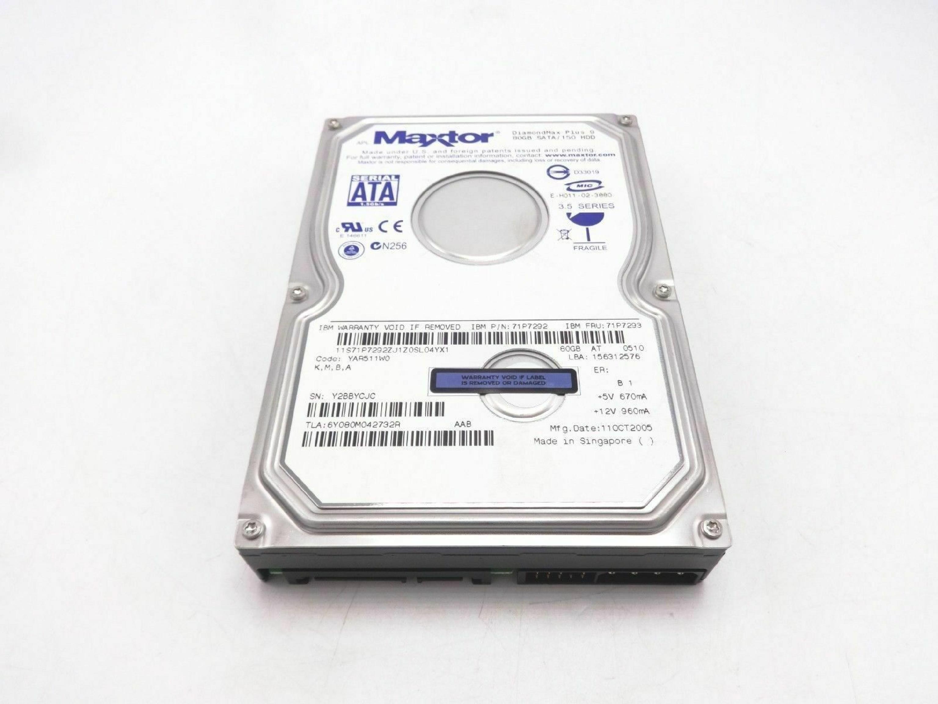 IBM 71P7292 80GB SATA DRIVE CODE: YAR511W0 N,M,G,A DATE: 19FEB2005 LBA: 156312576