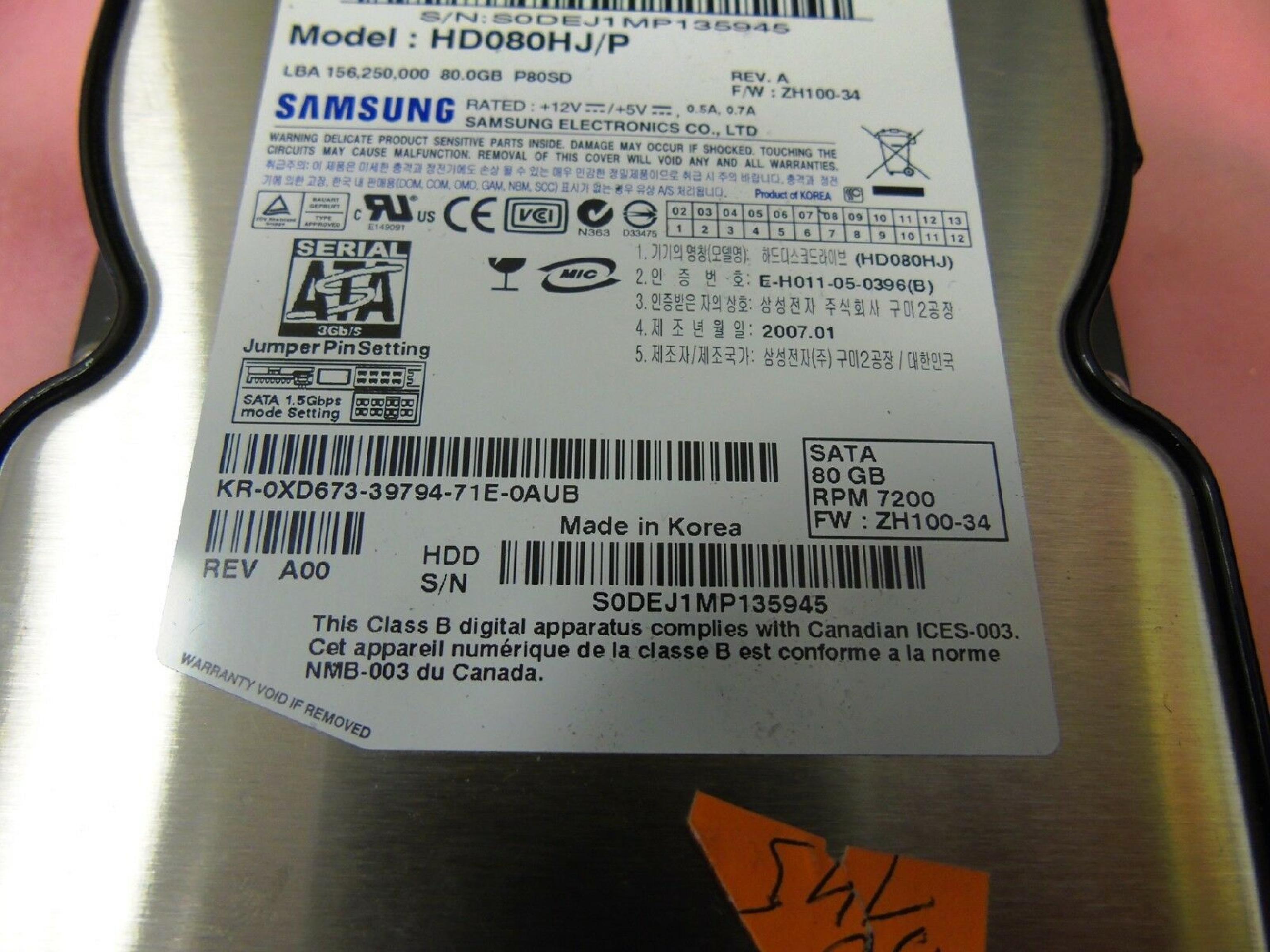 DELL XD673 80GB SATA DRIVE LBA 156,250,000 F/W: ZH100-34