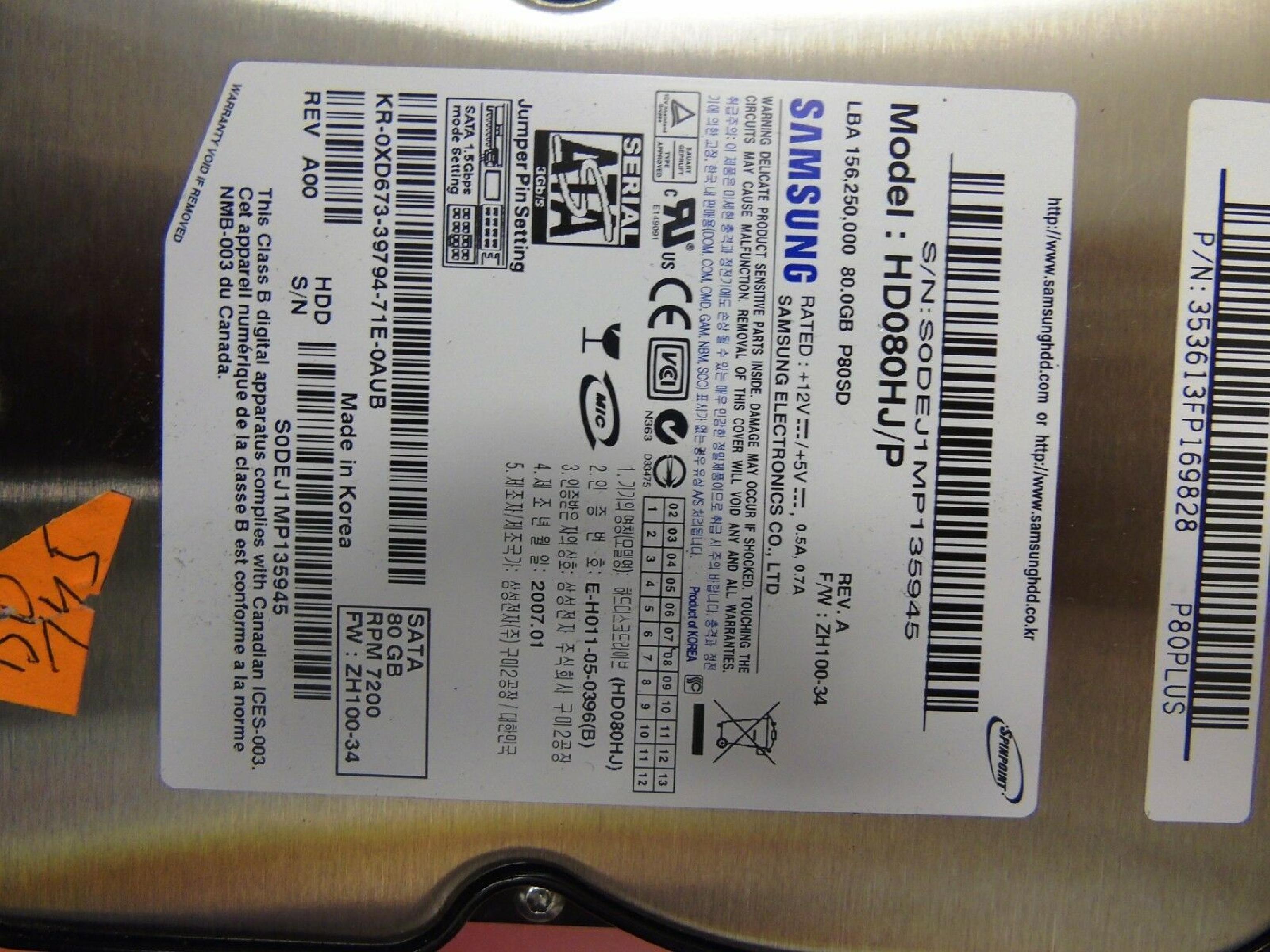 DELL XD673 80GB SATA DRIVE LBA 156,250,000 F/W: ZH100-34