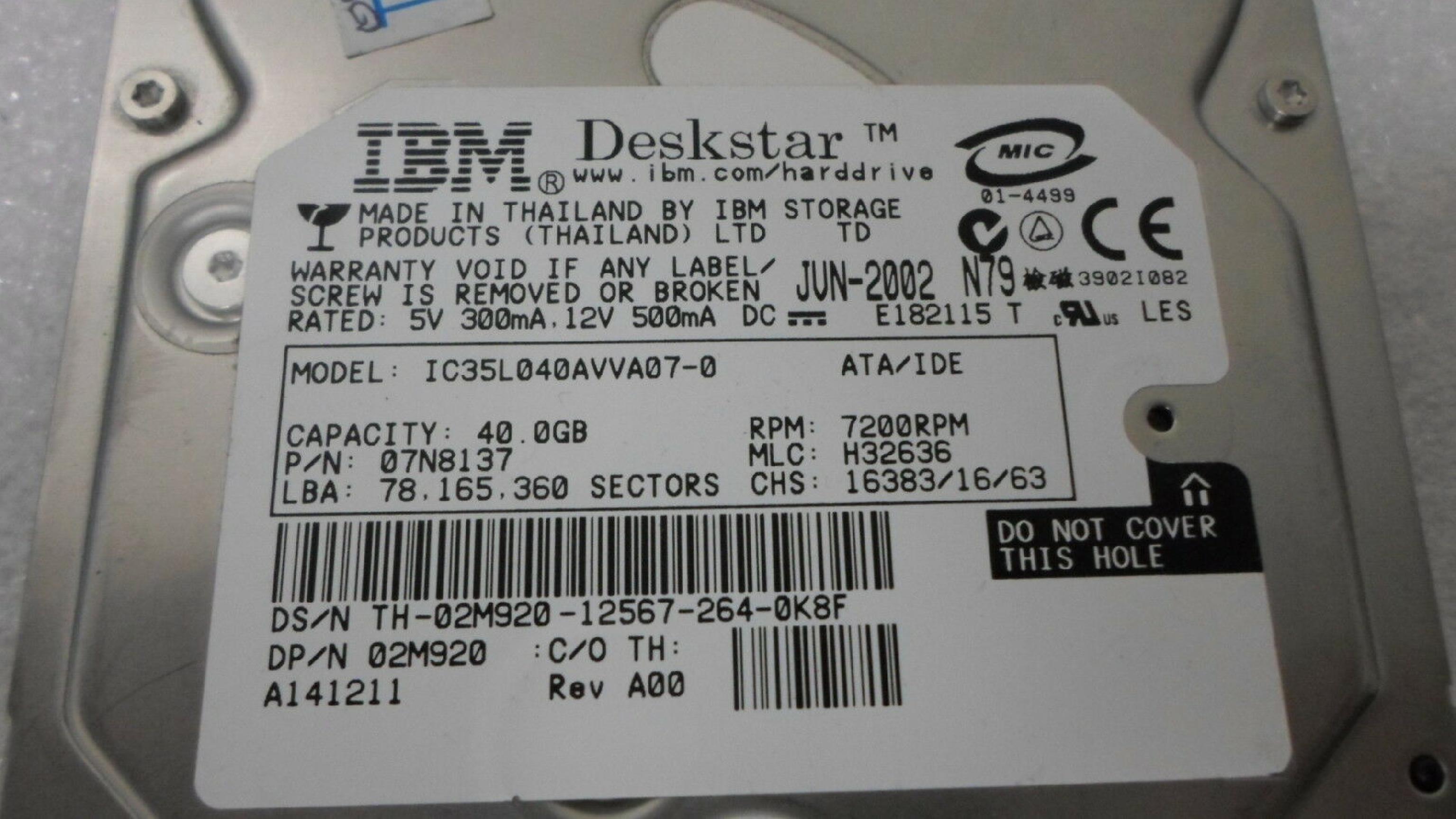 IBM 07N8137 40GB IDE DRIVE DATE SEP-2002 MLC H32636