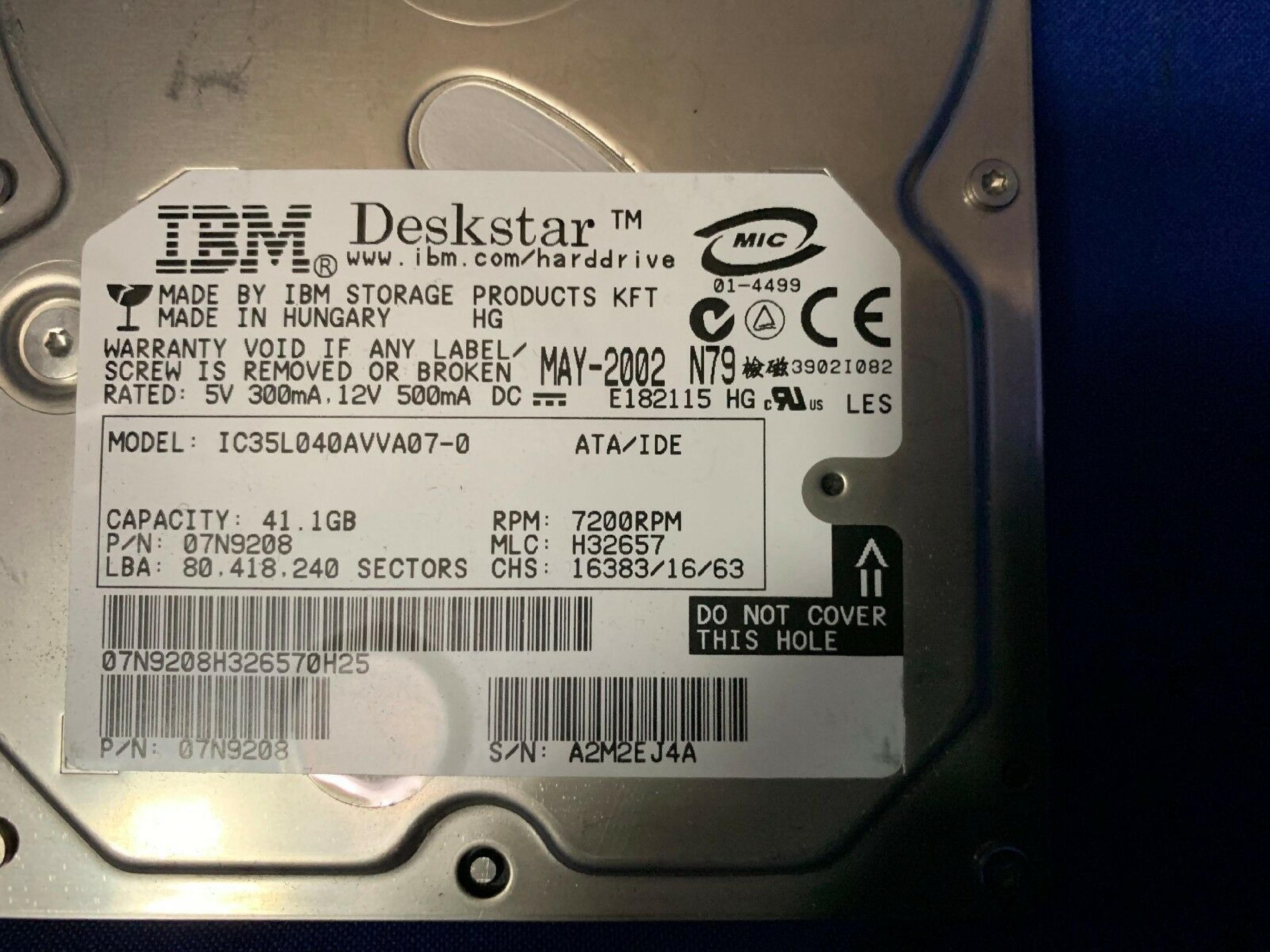 IBM 07N8137 40GB IDE DRIVE DATE SEP-2002 MLC H32636