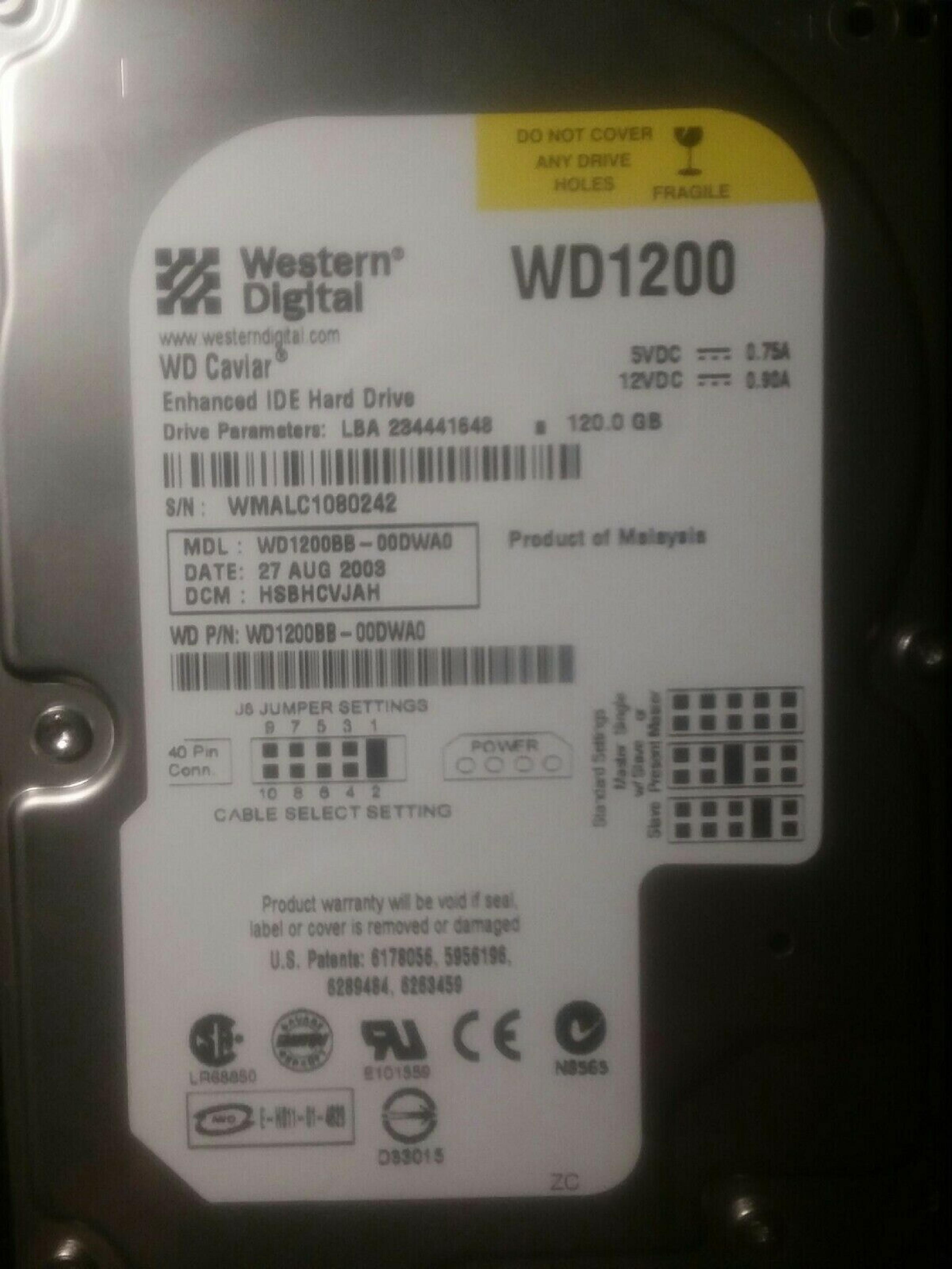 WESTERN DIGITAL / WD WD1200 120GB IDE DRIVE LBA 234441648 DATE 17 JAN 2004 DCM DSBHCTJAA 31 2005 HSBHCTJAH