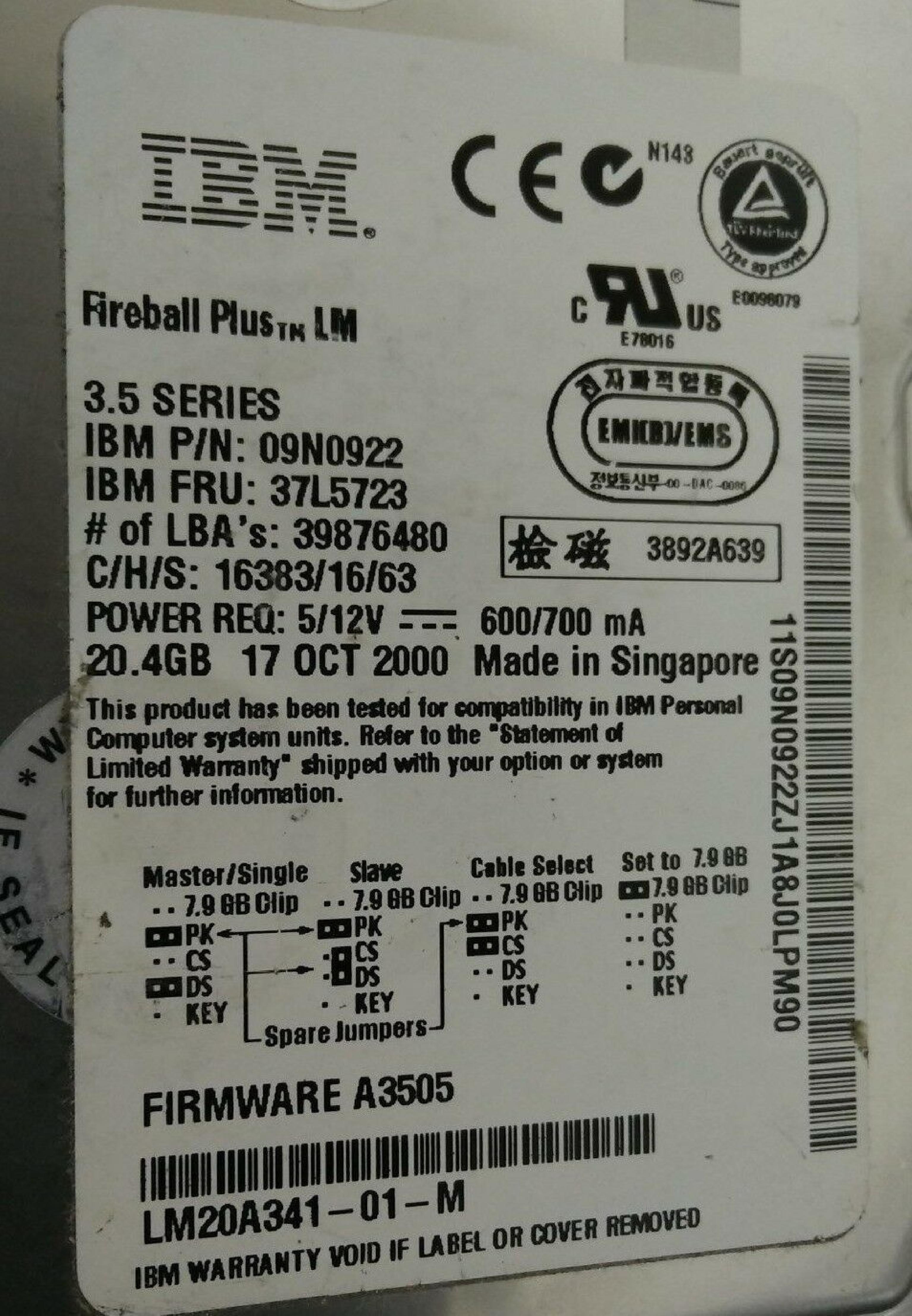 IBM 09N0922 20GB IDE DRIVE FIREBALL PLUS LBA 39876480 DATE 06 NOV 2000 FIRMWARE A3505