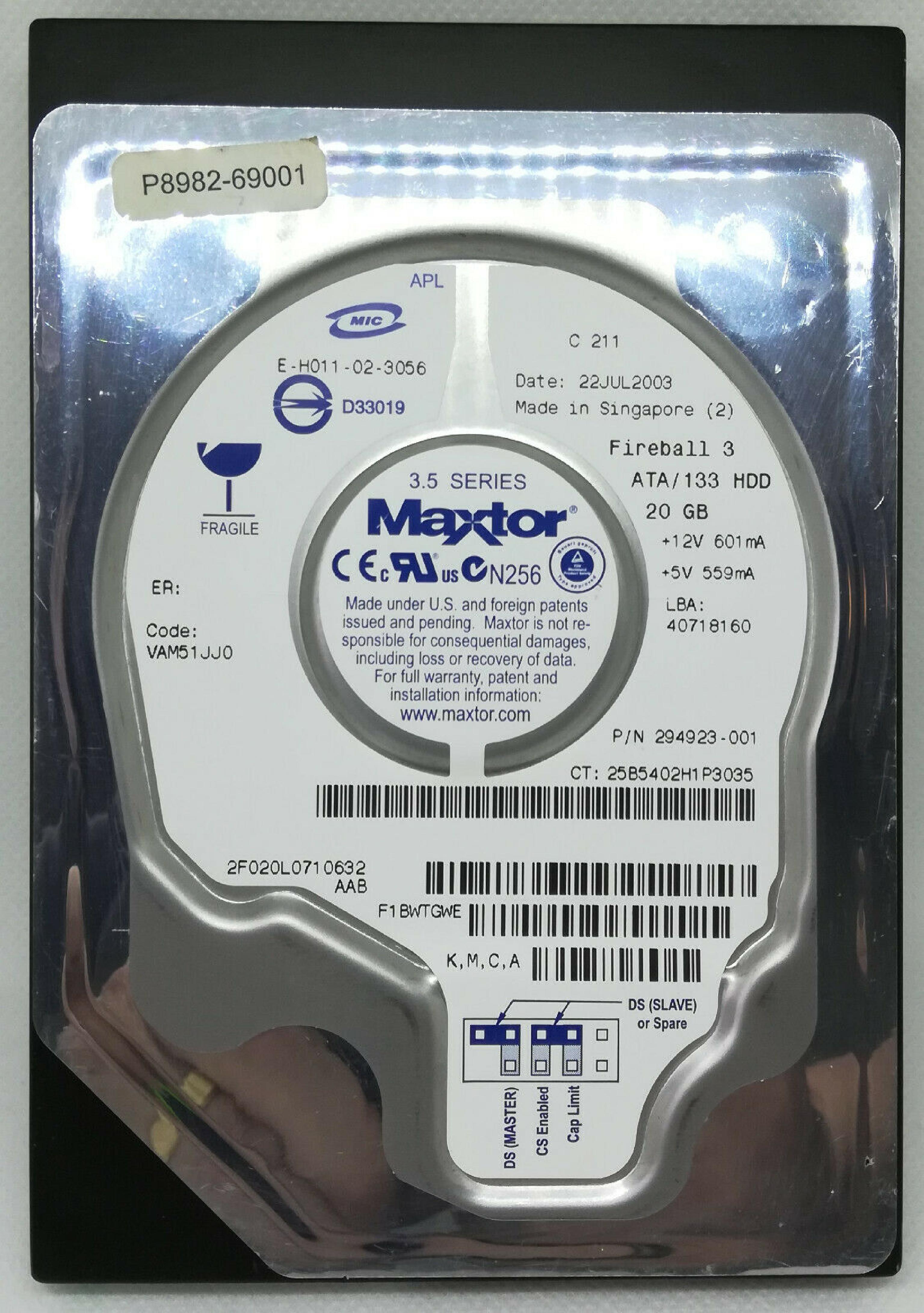 MAXTOR FIREBALL 3 20GB IDE DRIVE LBA 60058656 DATE 14MAR2003 CODE VAM51JJ0