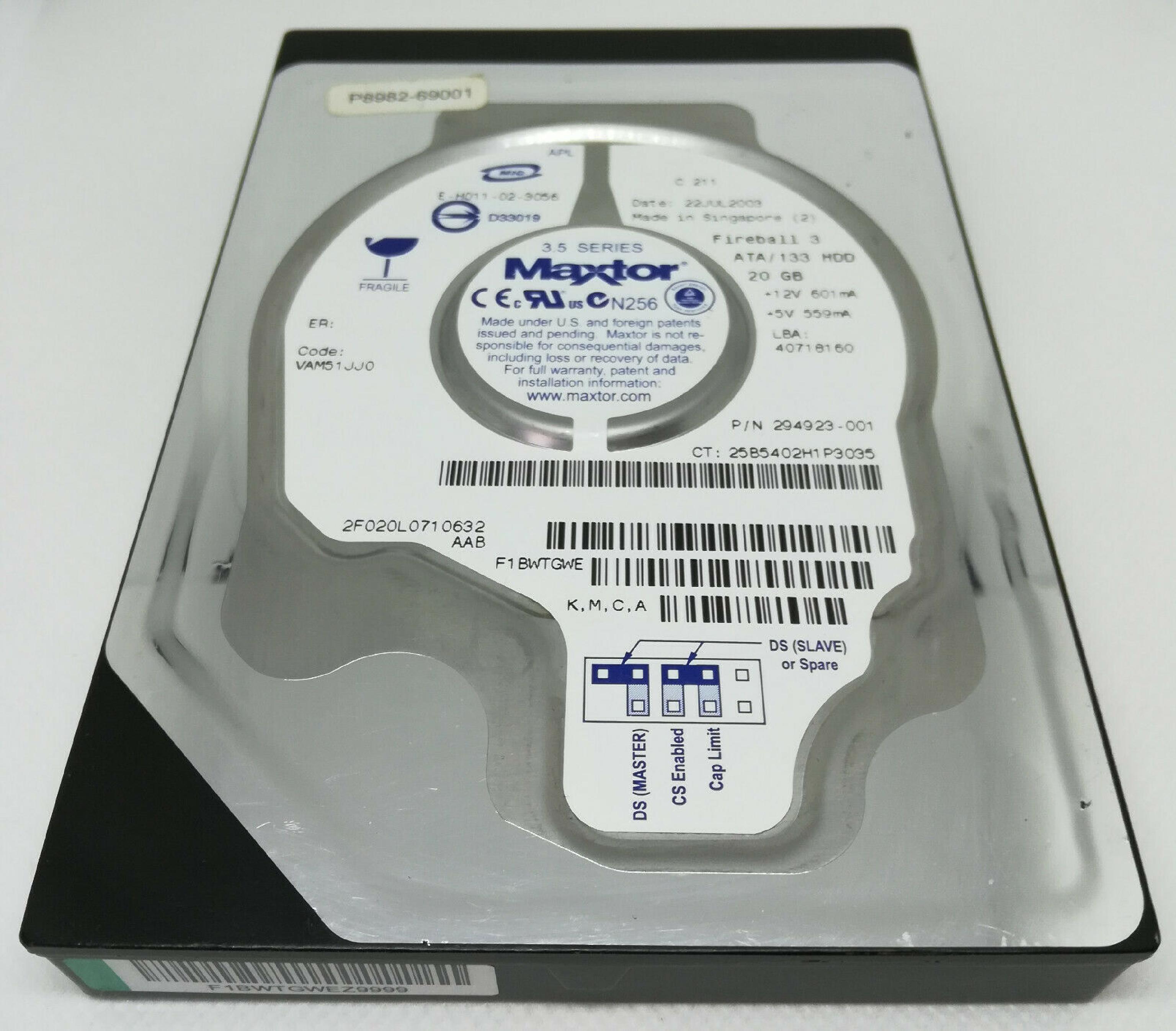 MAXTOR FIREBALL 3 20GB IDE DRIVE LBA 60058656 DATE 14MAR2003 CODE VAM51JJ0