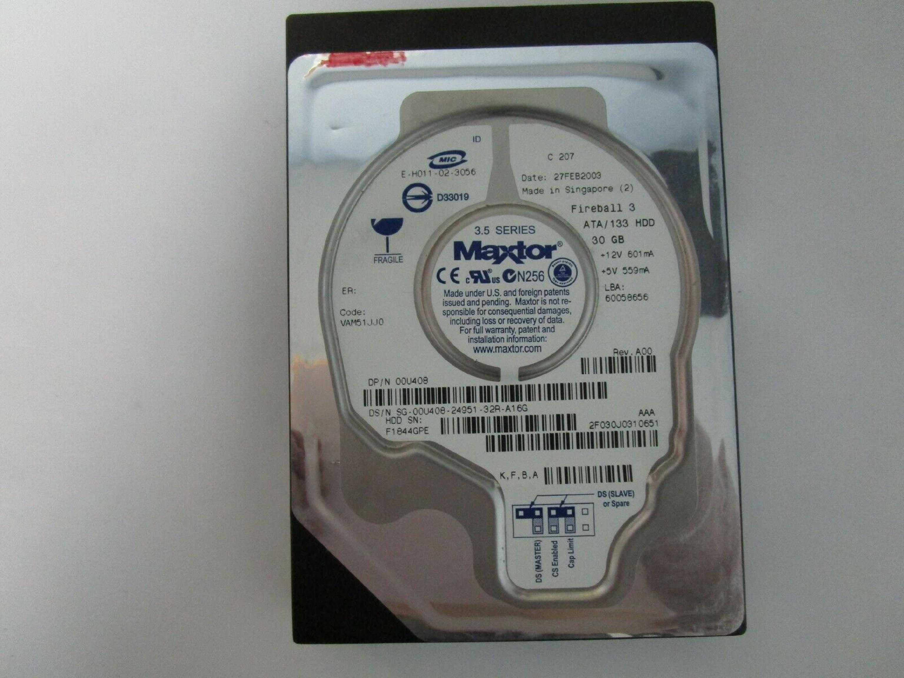 MAXTOR FIREBALL 3 20GB IDE DRIVE LBA 60058656 DATE 14MAR2003 CODE VAM51JJ0