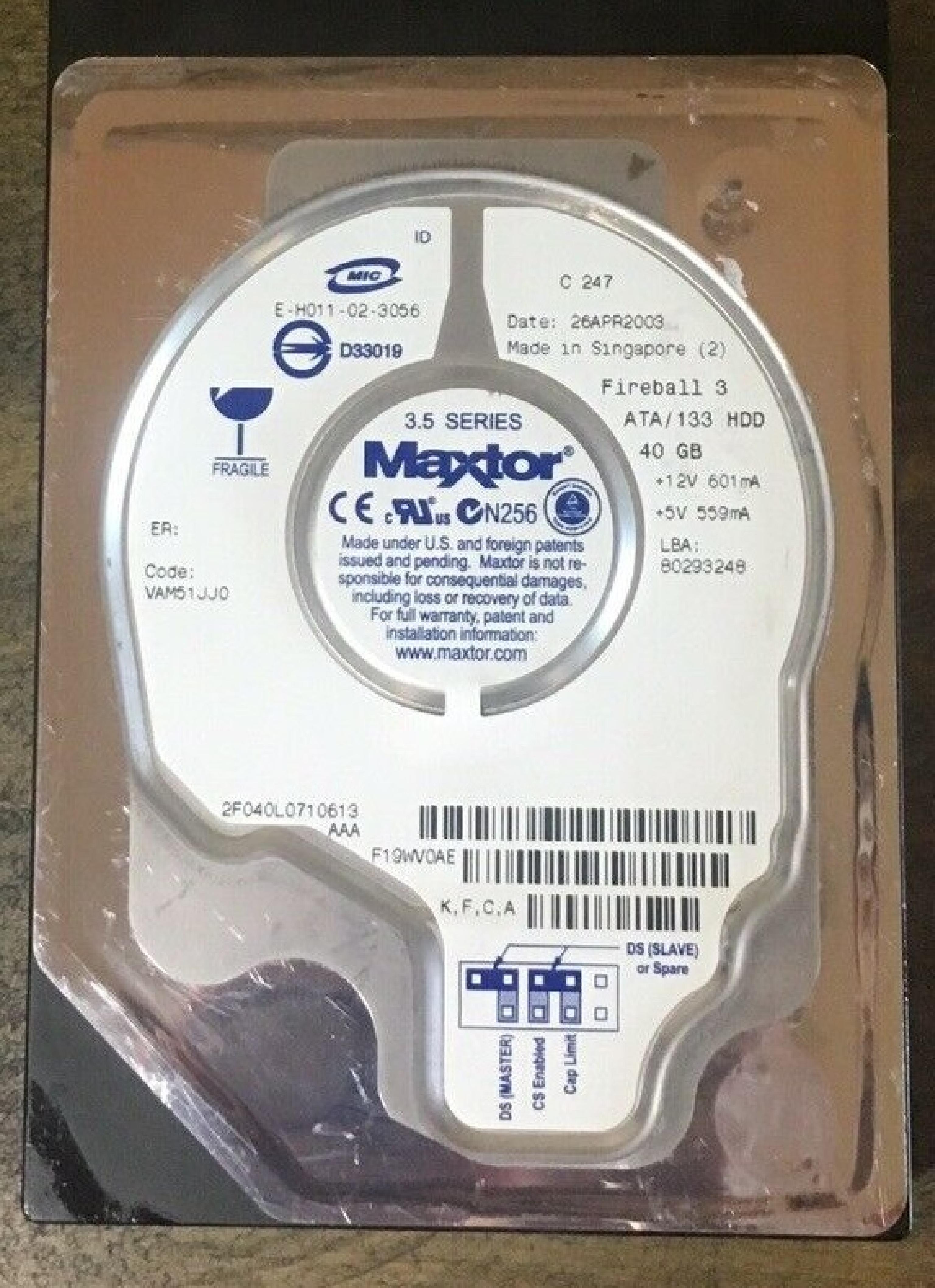MAXTOR FIREBALL 3 20GB IDE DRIVE LBA 60058656 DATE 14MAR2003 CODE VAM51JJ0