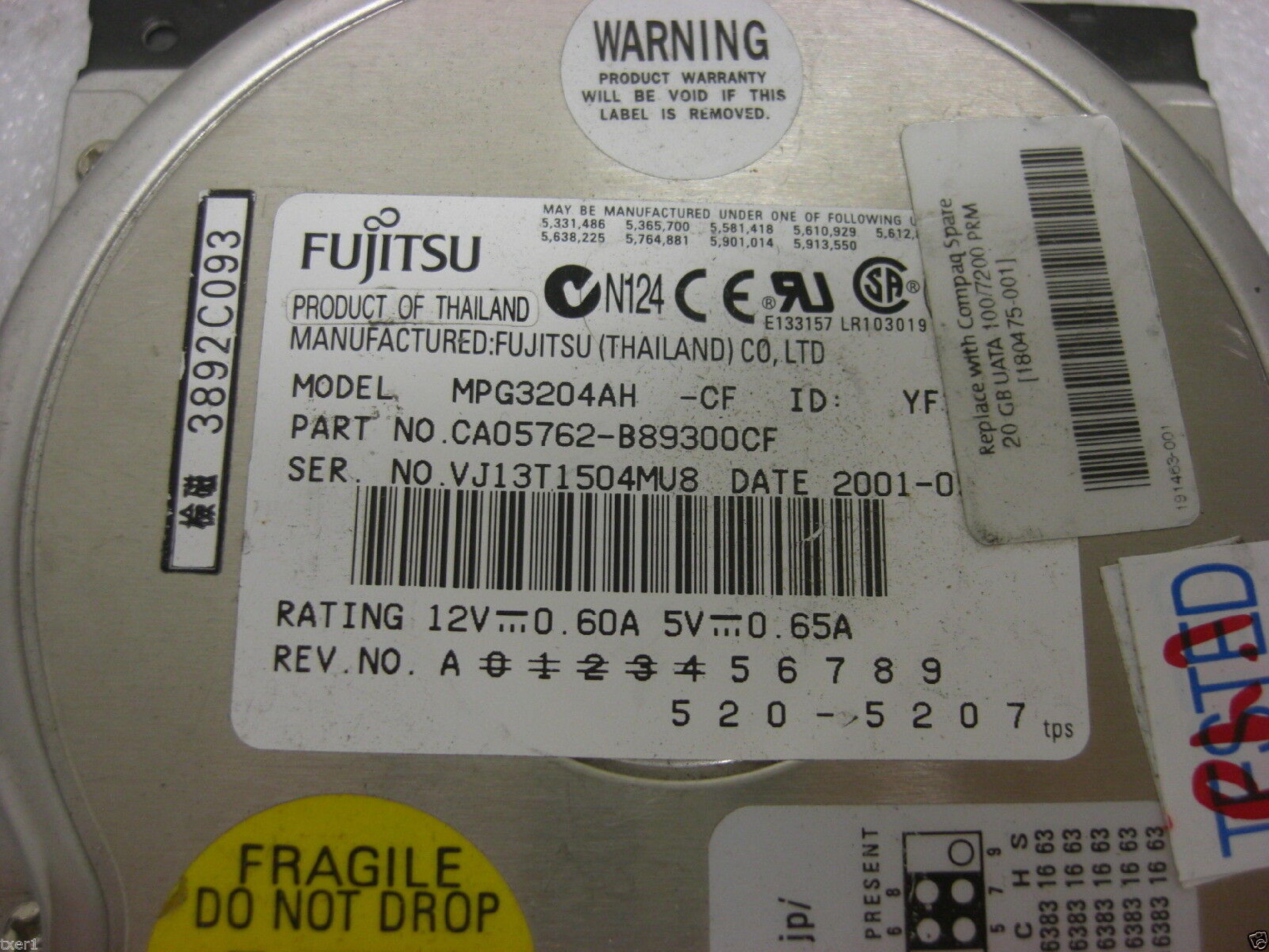 FUJITSU MPG3204AH 20GB IDE DRIVE DATE 2001-05 22MAY2001