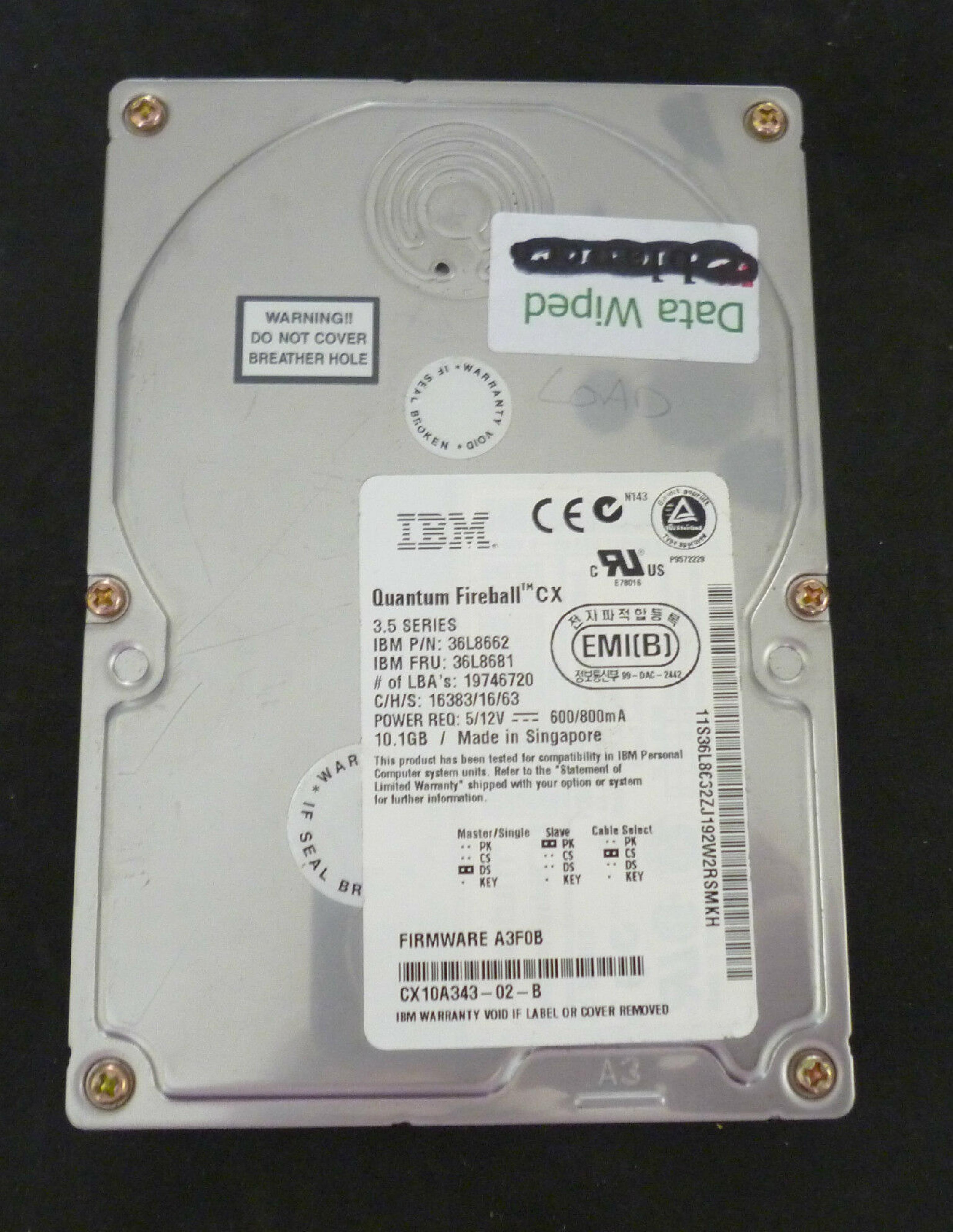 IBM 36L8681 10GB IDE DRIVE HDA 02A PCBA 03A UNIQUE 22A CODE FA520660 LBA 19746720