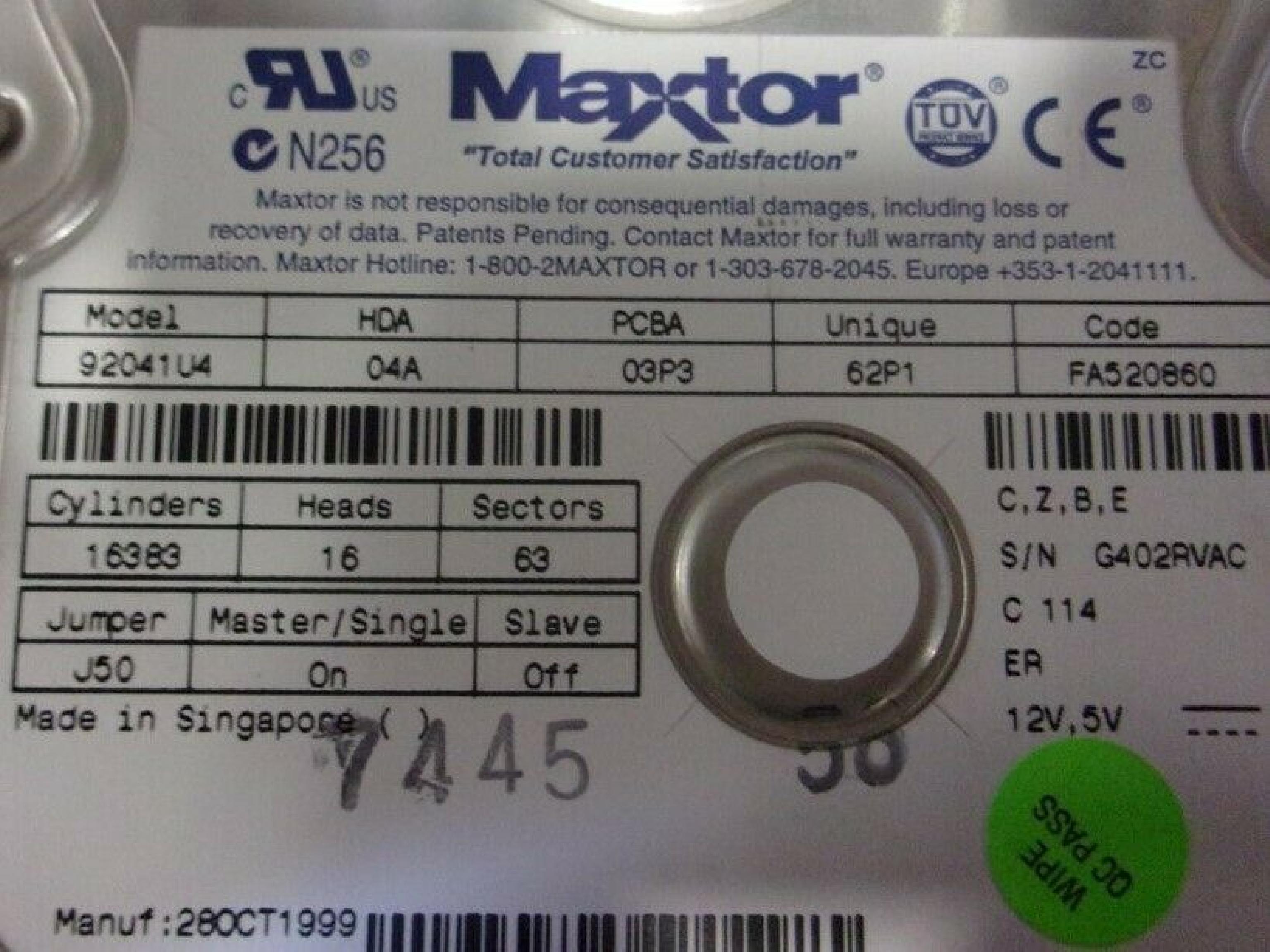 MAXTOR 92041U4 20GB IDE DRIVE HDA 04A PCBA 10A UNIQUE 13A CODE FA520S60
