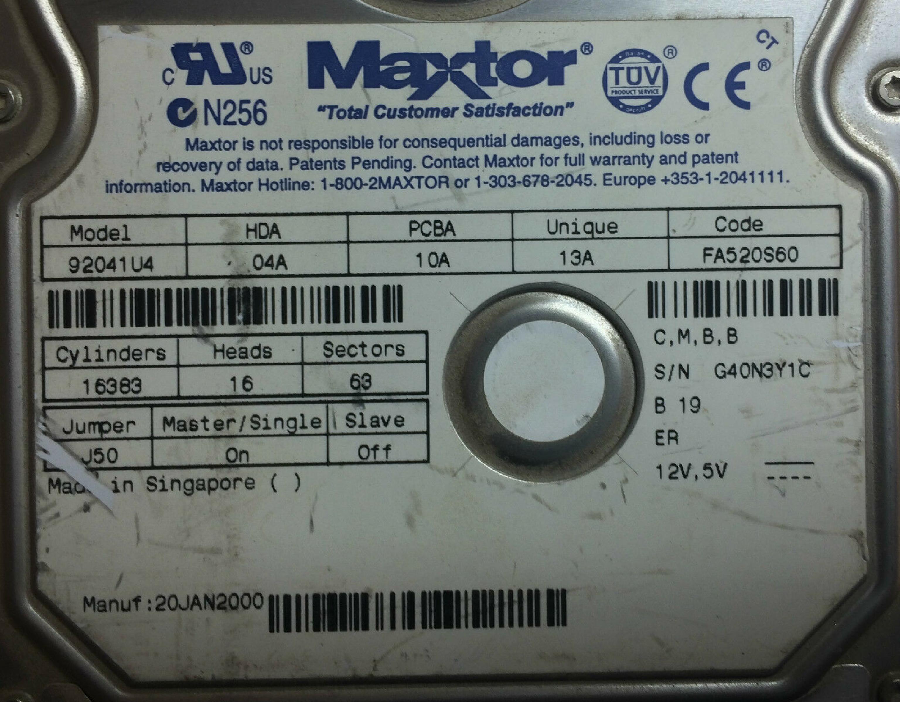 MAXTOR 92041U4 20GB IDE DRIVE HDA 04A PCBA 10A UNIQUE 13A CODE FA520S60