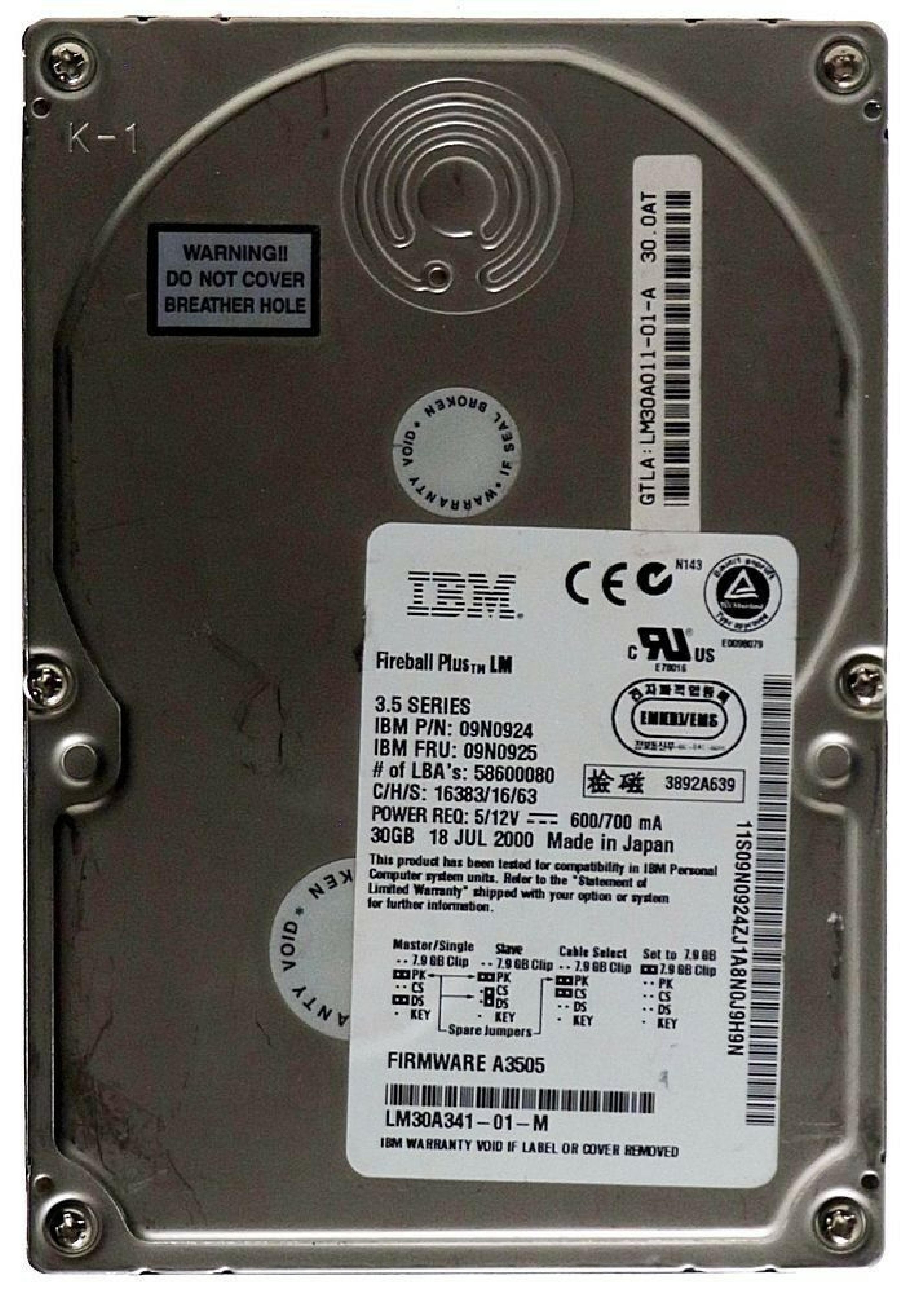 IBM 09N0924 30GB IDE DRIVE LBA 58600080 REV 01-A FIRMWARE A3505