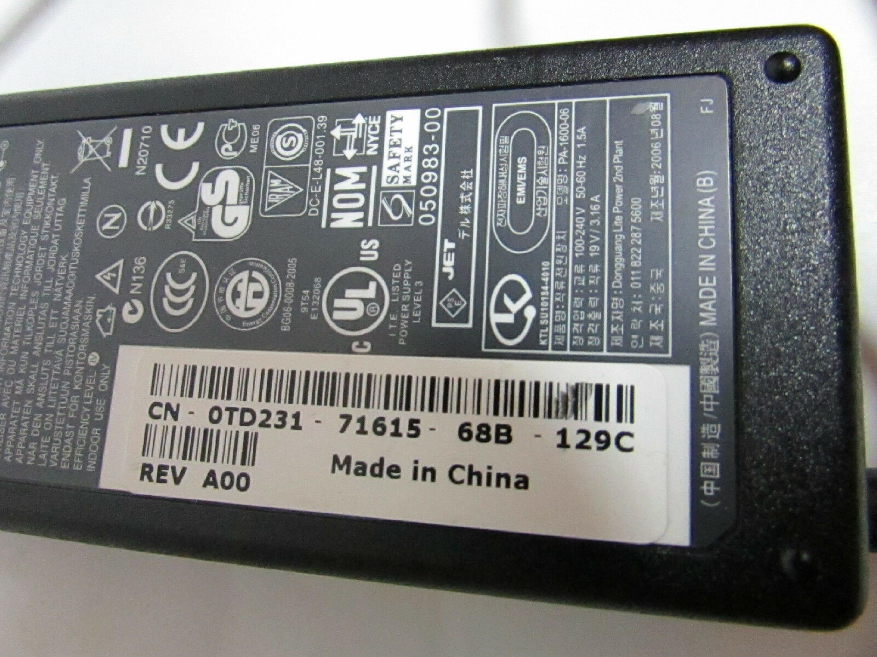 DELL 0TD231 AC ADAPTER 19V 3.16A