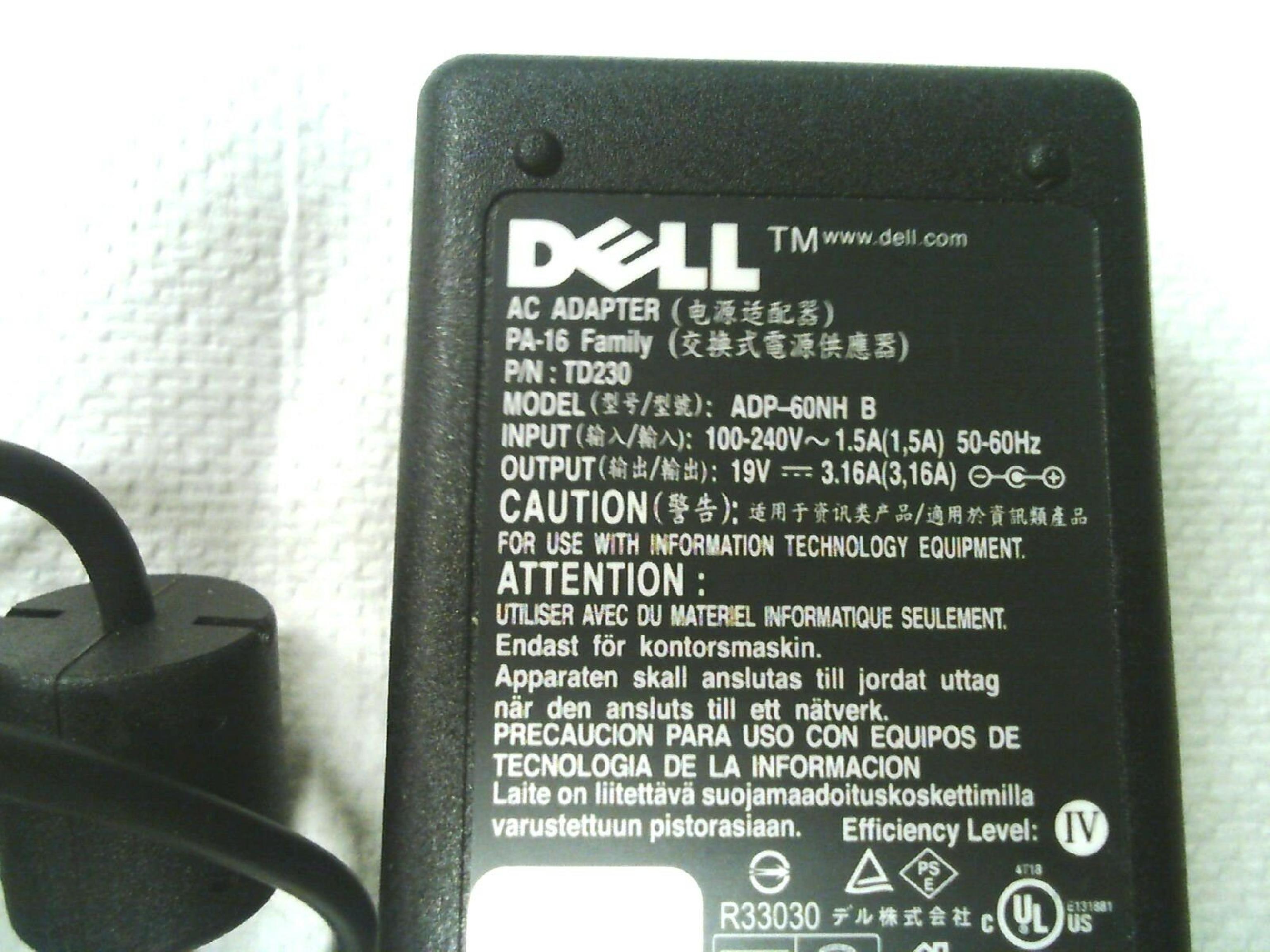 DELL 0TD231 AC ADAPTER 19V 3.16A