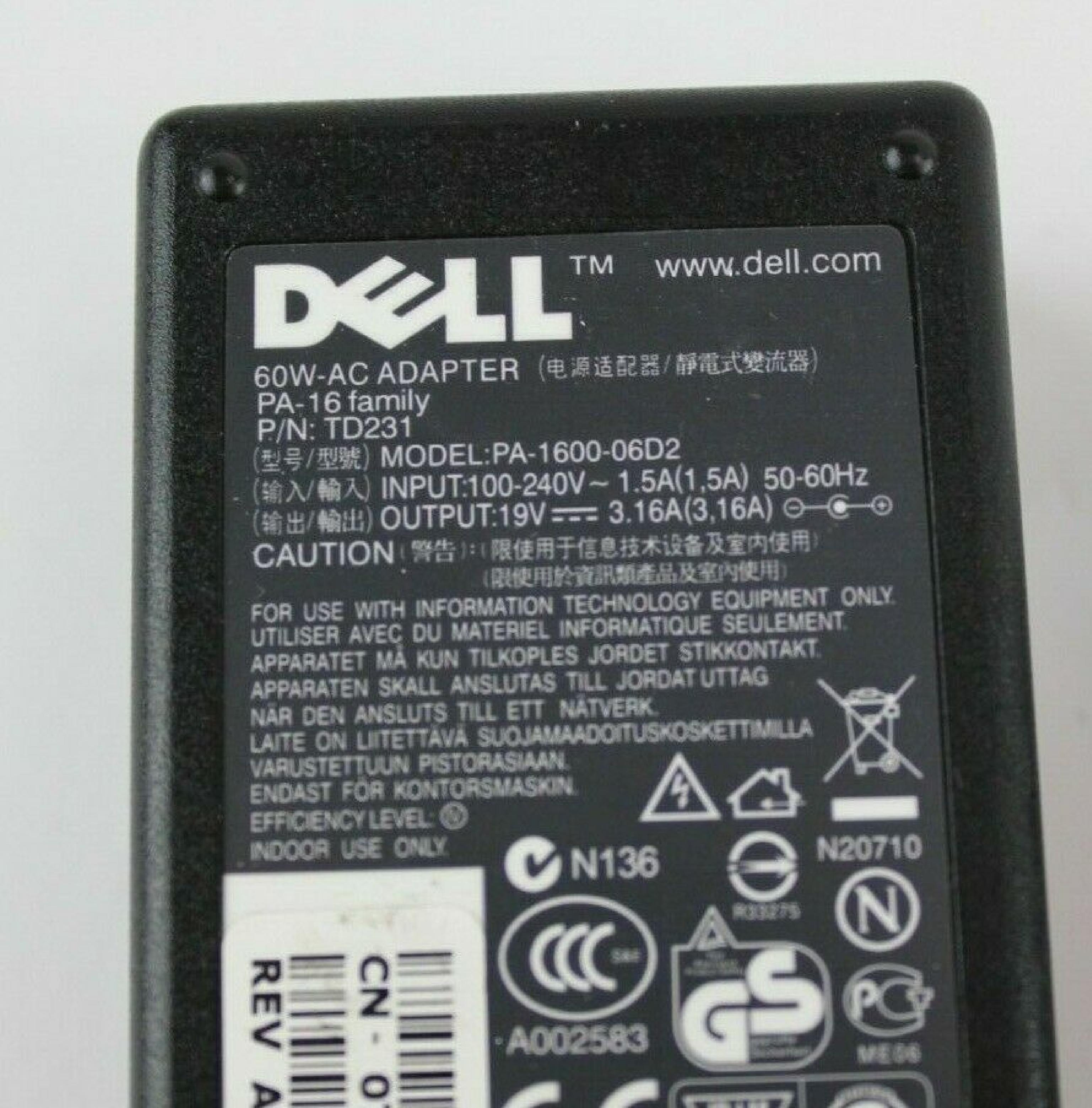 DELL TD231 AC ADAPTER 19V 3.16A