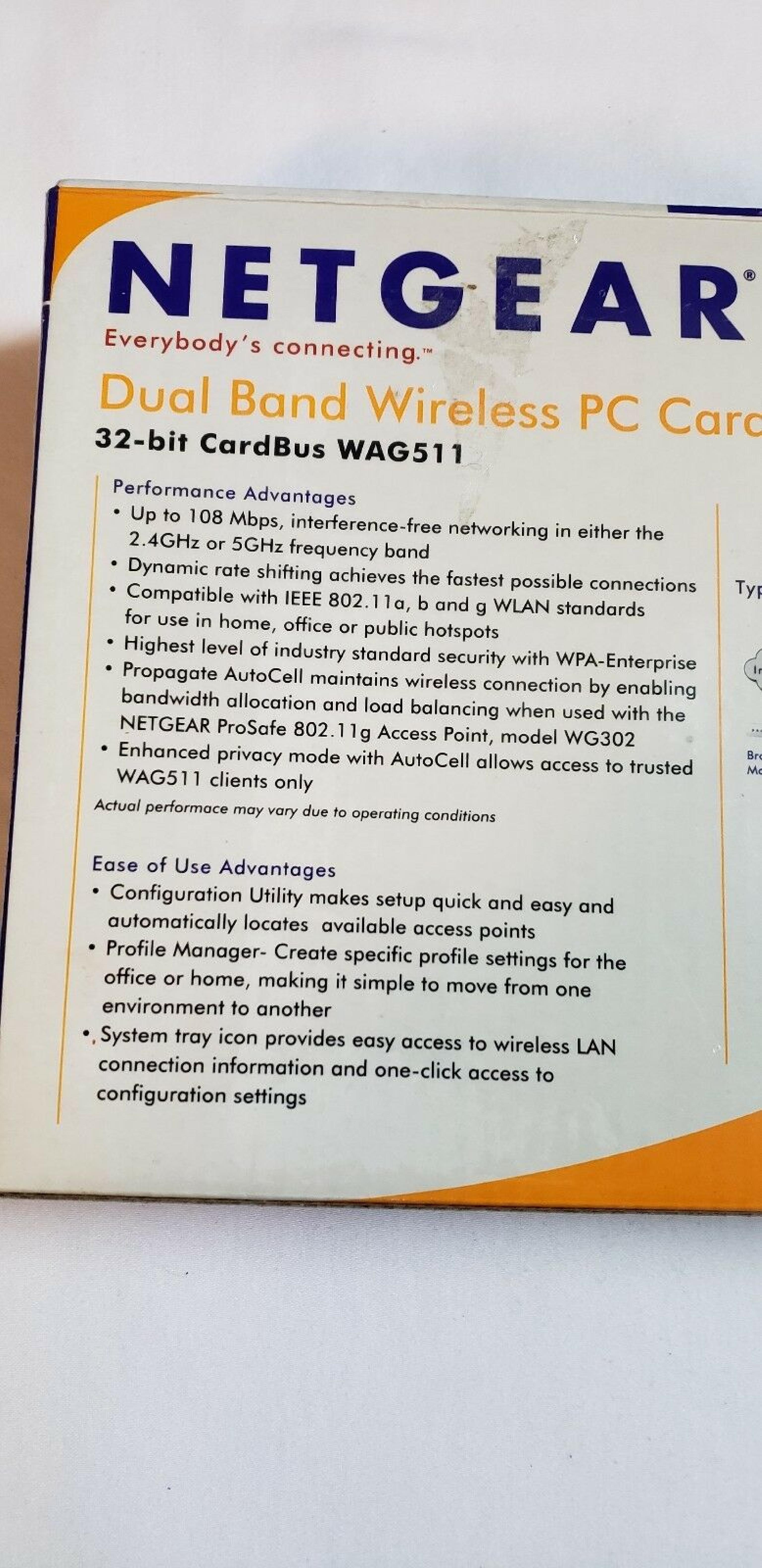 NETGEAR WAG511 PCMCIA NETWORD CARD FOR NOTEBOOK COMPUTER - PC CARD