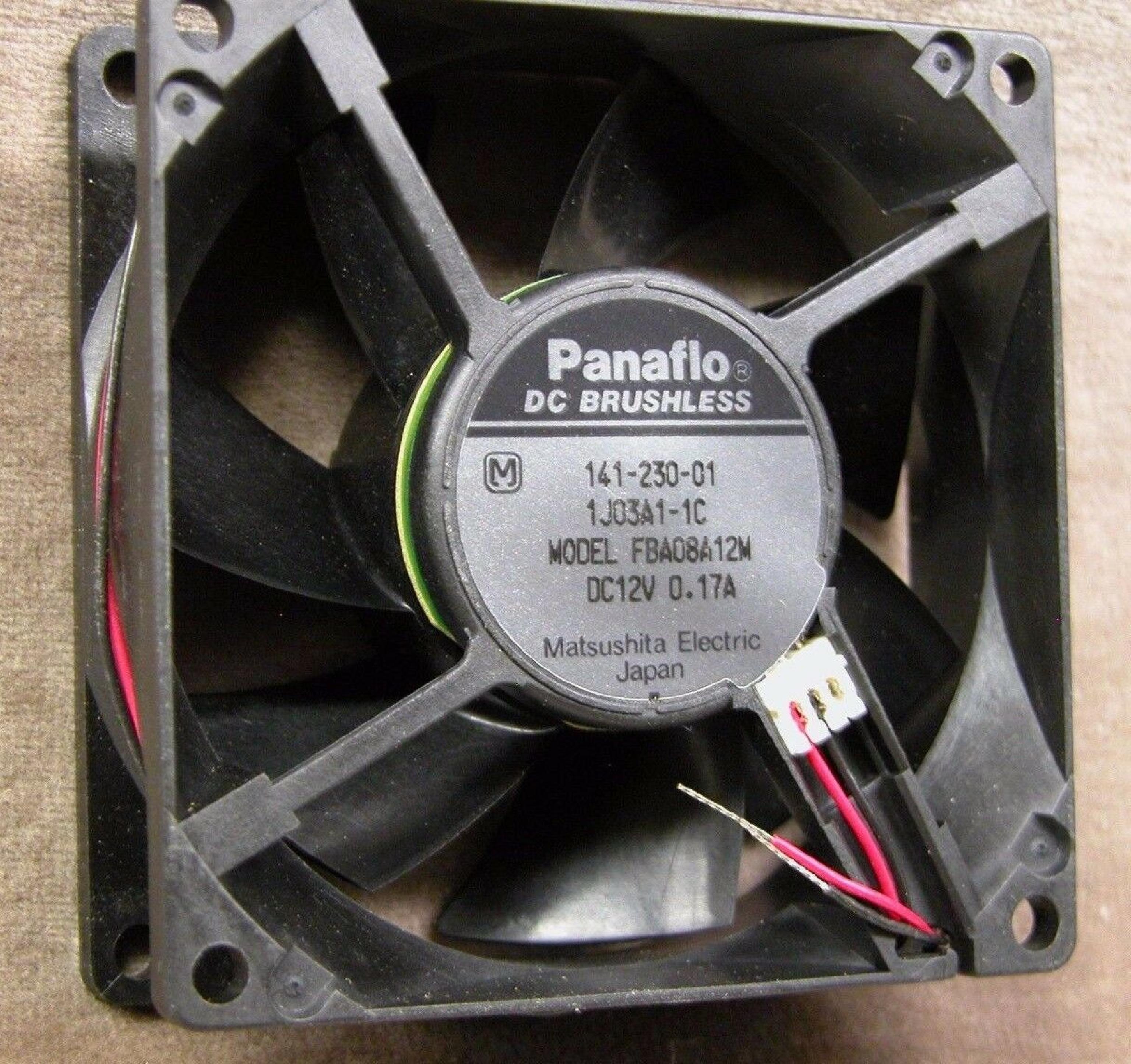 PANAFLO FBA08A12M 12VDC .17A FAN 80MM X 25MM 3 WIRE CABLE AND CONNECTOR 2 NO PLUG