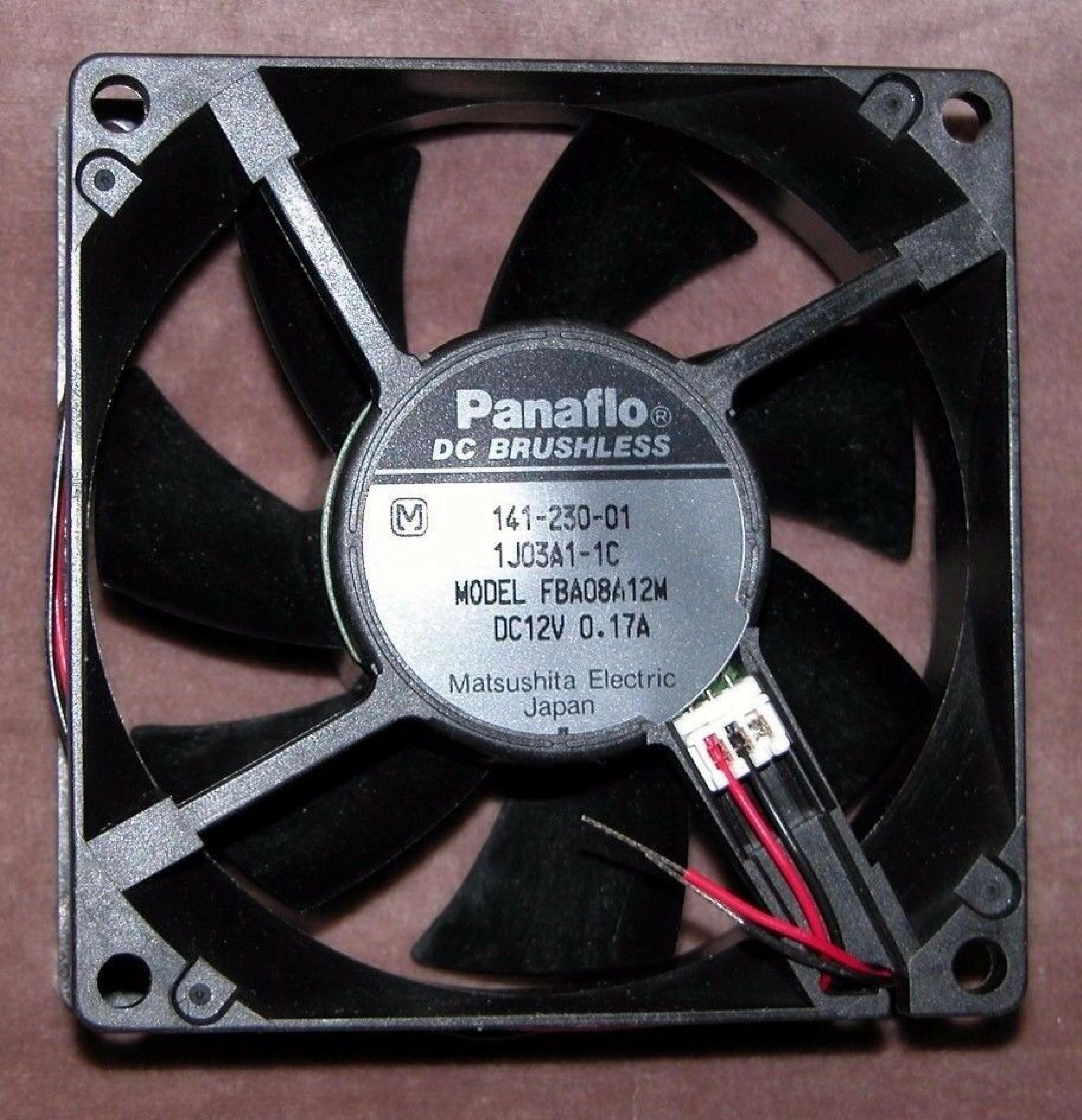 PANAFLO FBA08A12M 12VDC .17A FAN 80MM X 25MM 3 WIRE CABLE AND CONNECTOR 2 NO PLUG