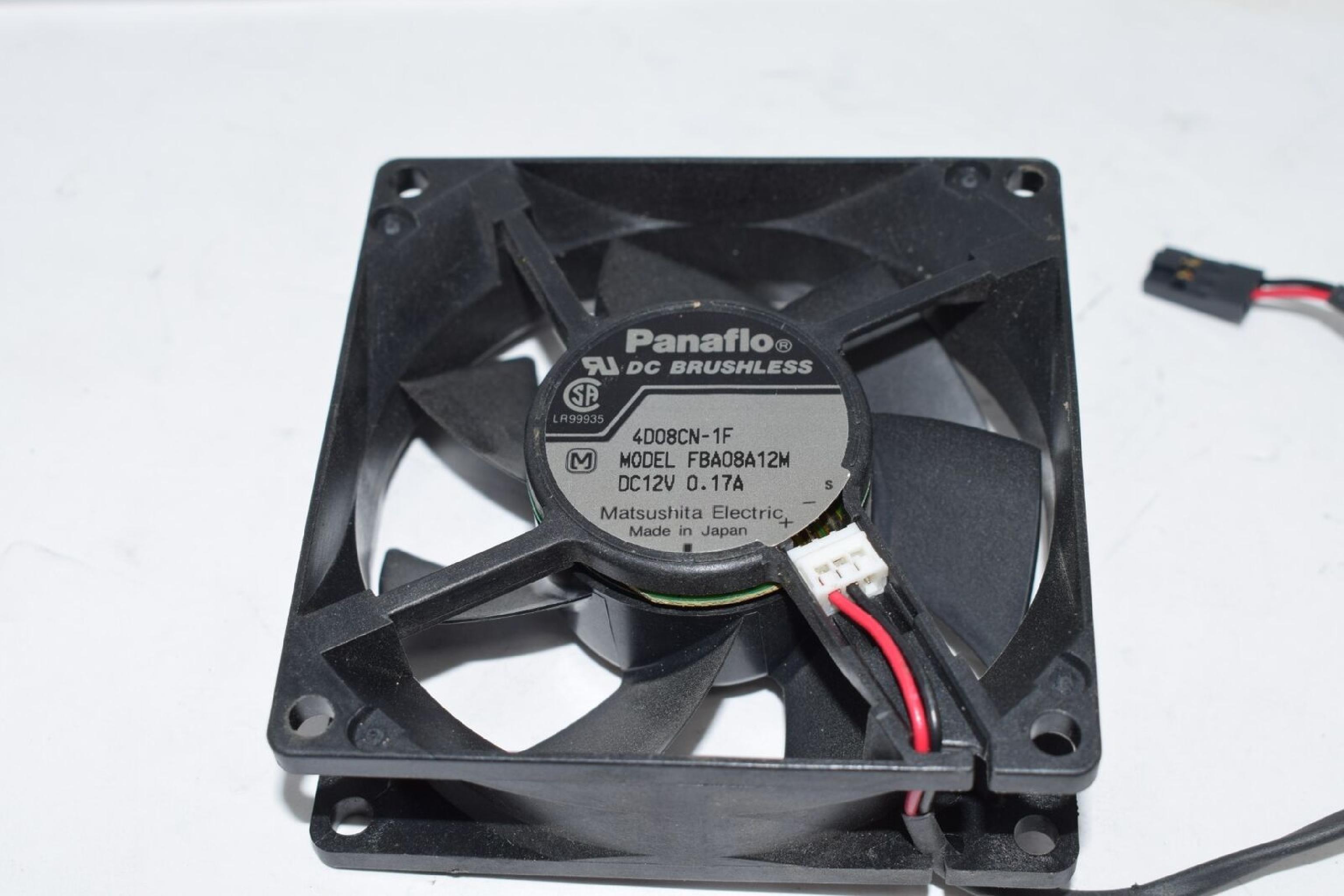 PANAFLO FBA08A12M 12VDC .17A FAN 80MM X 25MM 3 WIRE CABLE AND CONNECTOR 2 NO PLUG