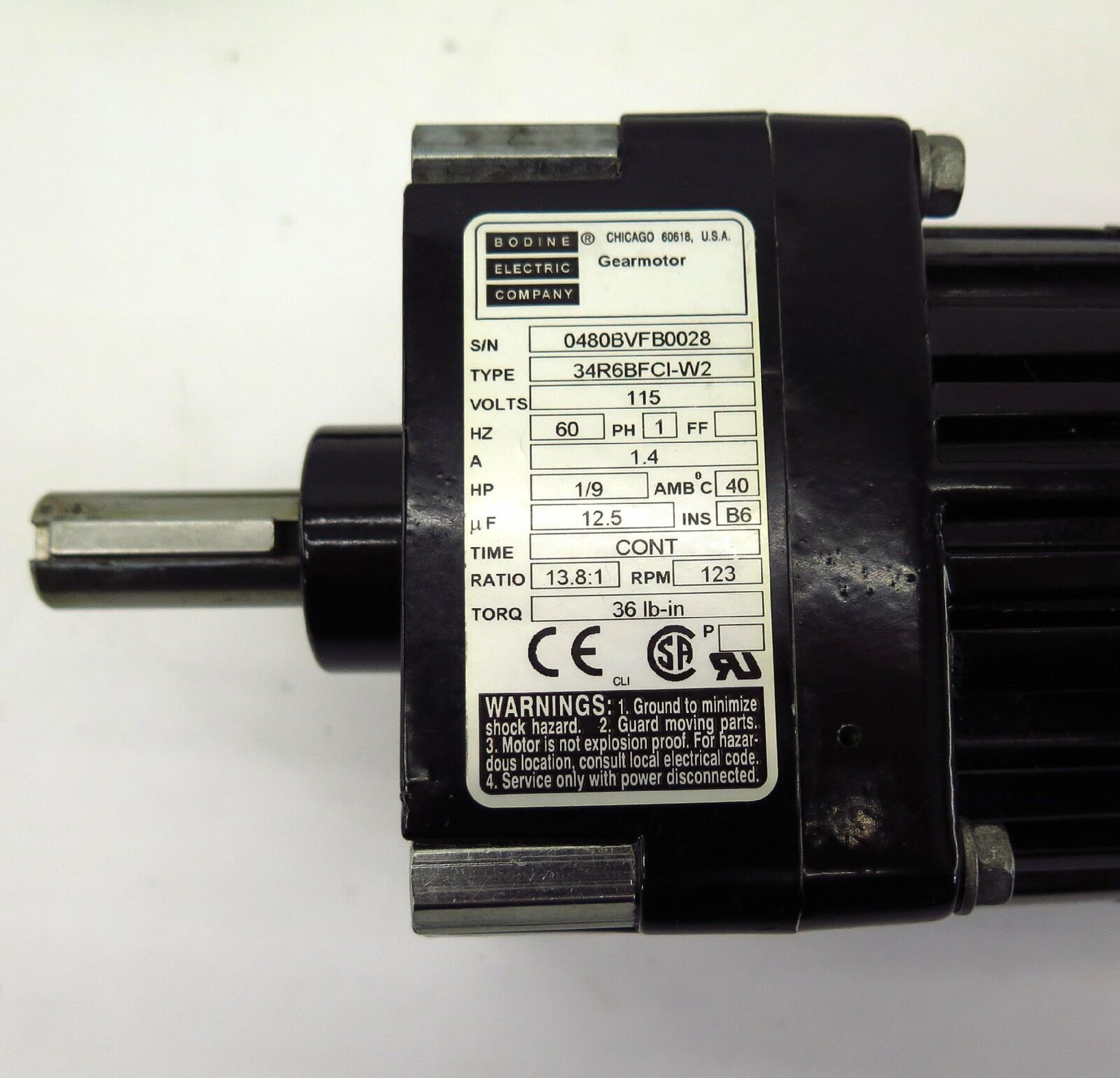 BODINE 34R6BFCI-W2 115VAC 1.4A MOTOR60HZ 1/9HP INS B3 36LB-IN 123RPM 13.81:1 MOTOR 60HZ B6