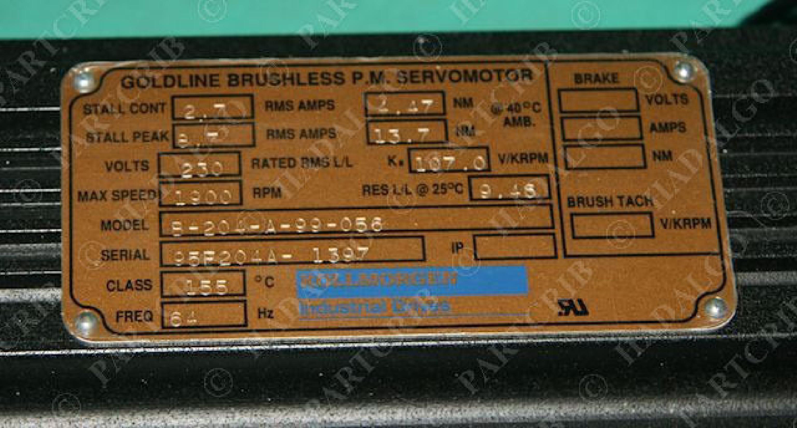 KOLLMORGEN B-204-A-99-056 230VAC GOLDLINE SERVOMOTOR 1900RPM 64HZ