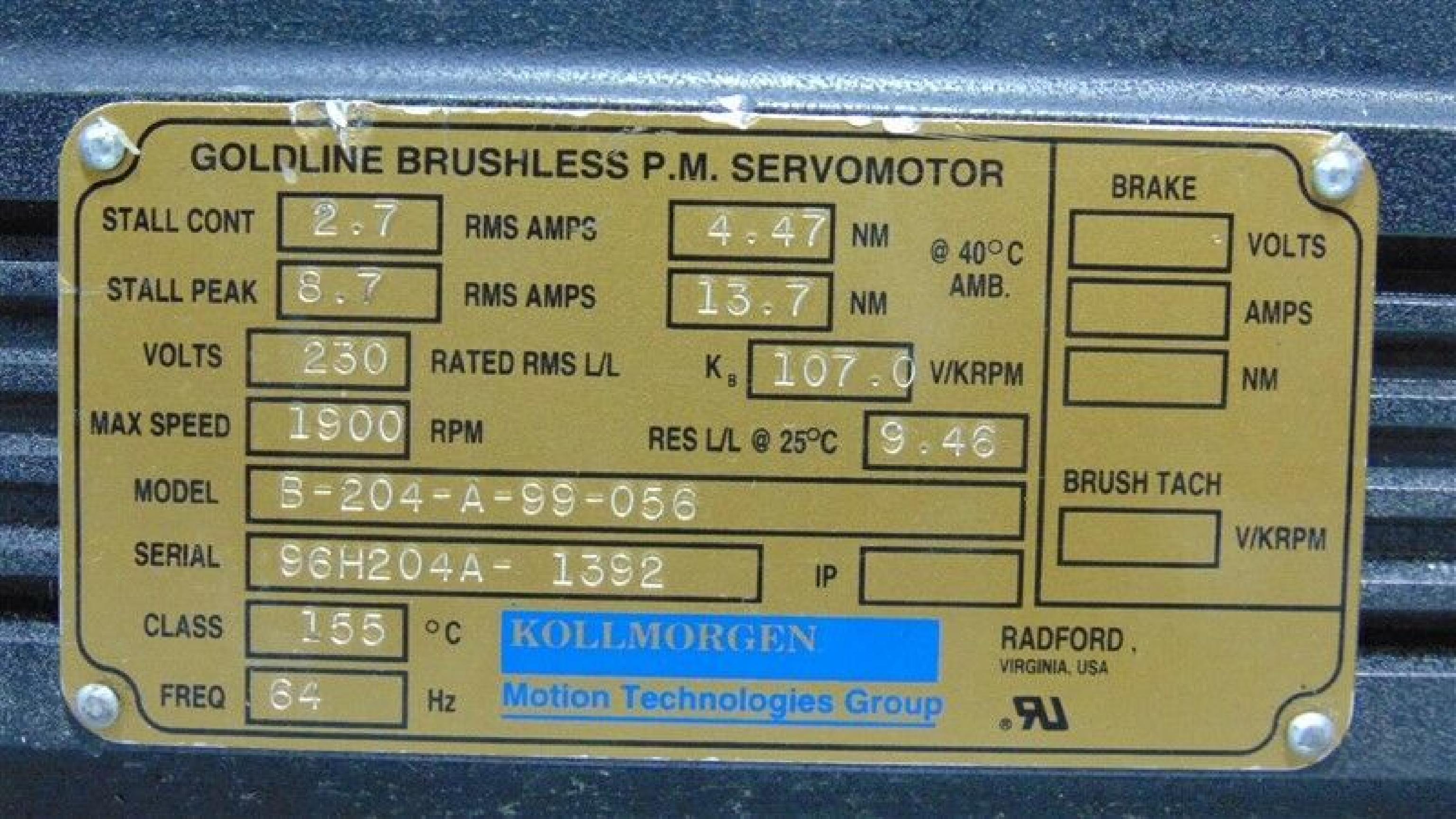 KOLLMORGEN B-204-A-99-056 230VAC GOLDLINE SERVOMOTOR 1900RPM 64HZ