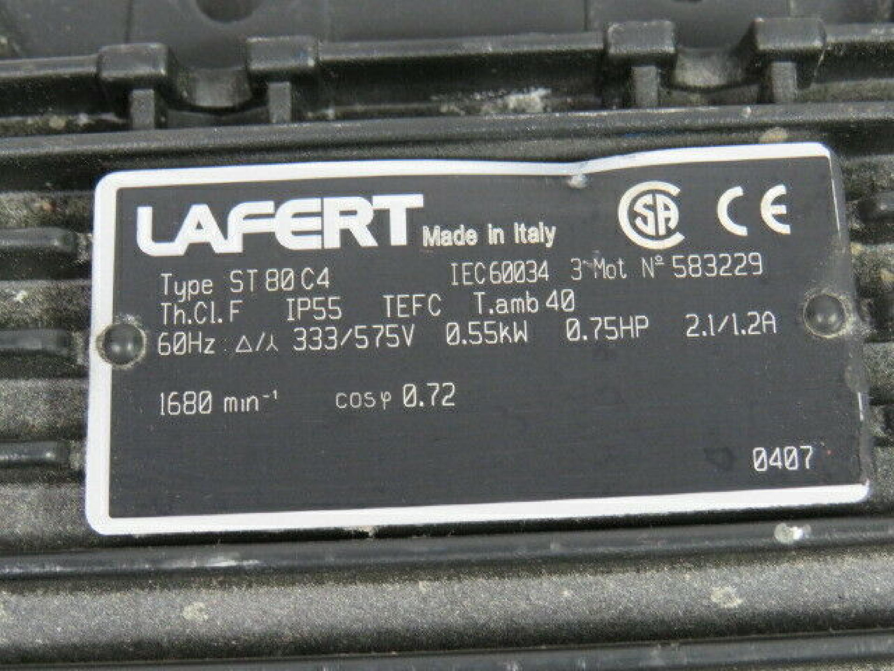 LAFERT ST80C4 120/208VAC 5.2/3.0A MOTOR 60HZ 0.55KW 0.75HP BENT FAN BAFFLE