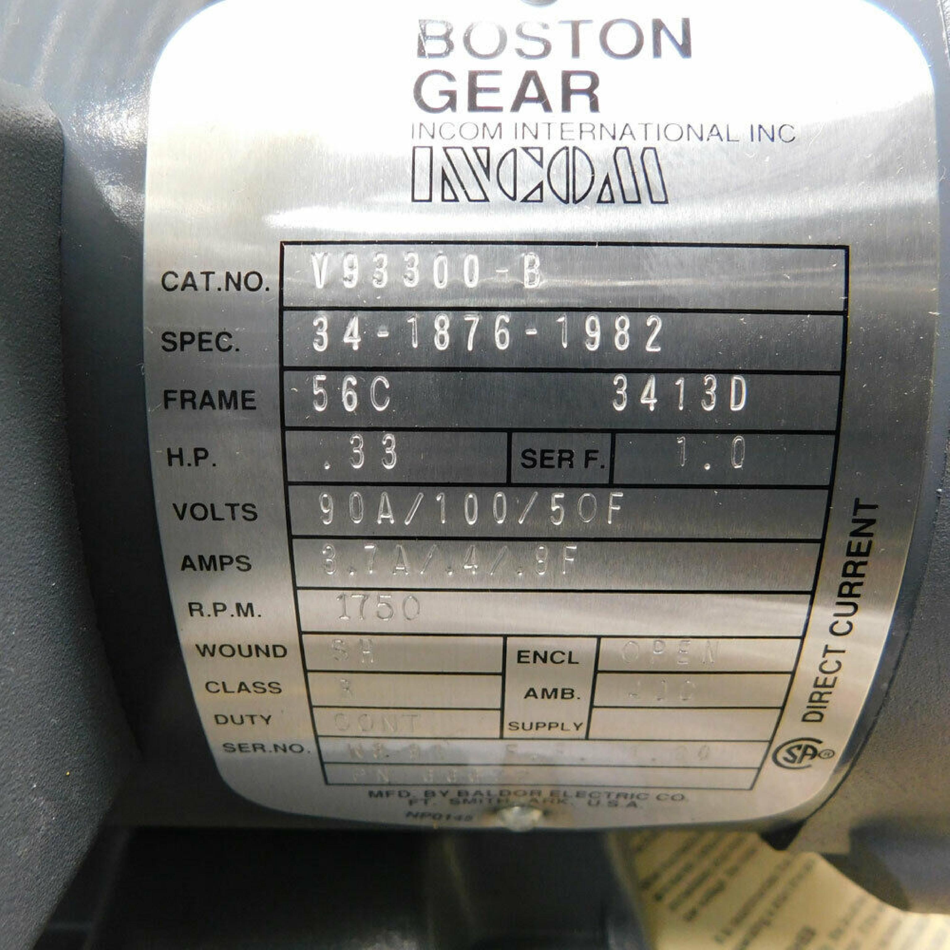 BOSTON GEAR V93300-B 1/3HP 90/100VDC MOTOR 3.7/.4/.8A 1750RPM CL B