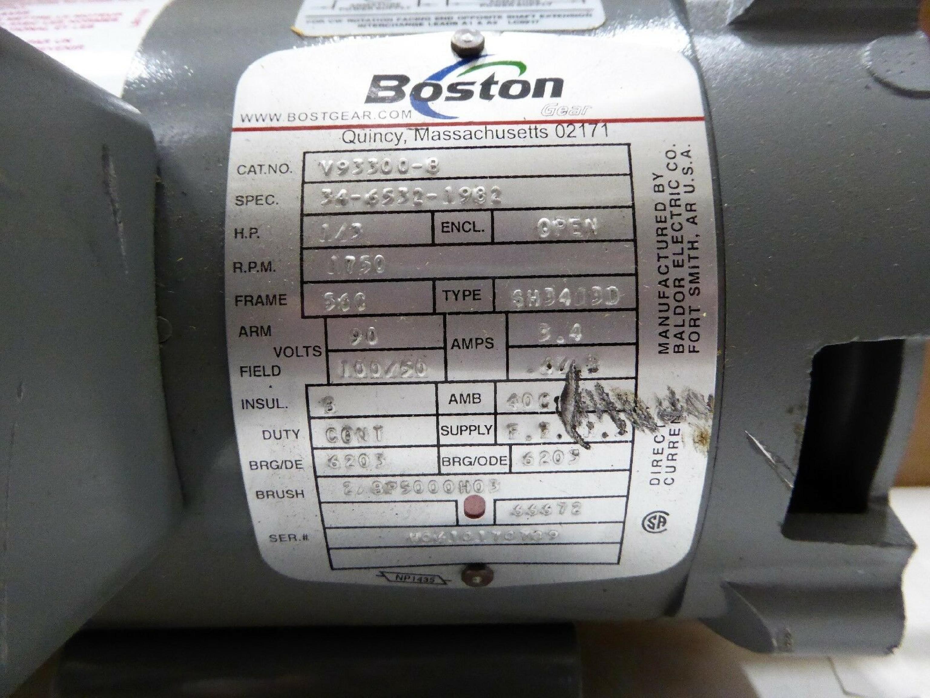 BOSTON GEAR V93300-B 1/3HP 90/100VDC MOTOR 3.7/.4/.8A 1750RPM CL B