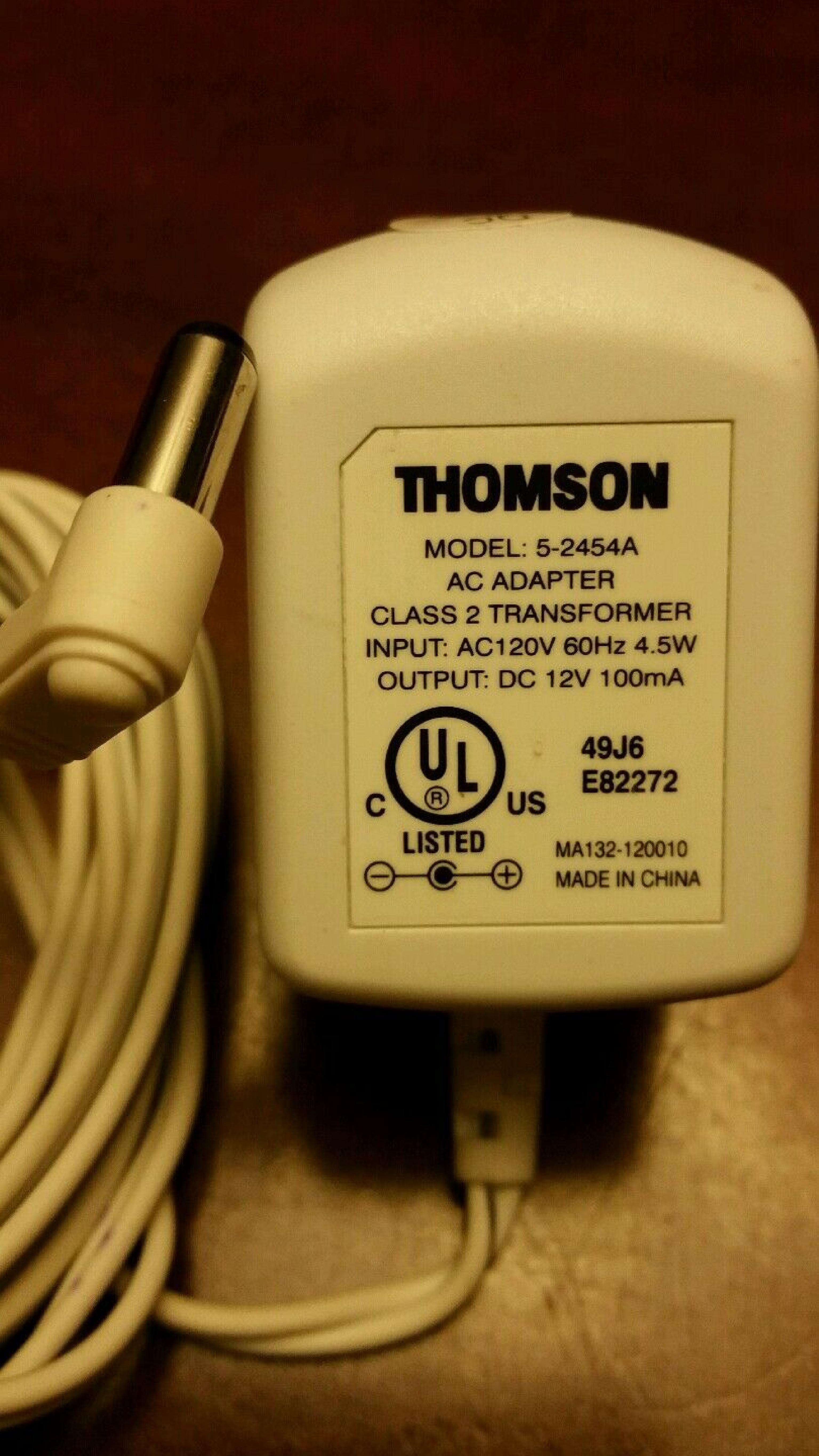 THOMSON 5-2454A AC ADAPTER 12V DC 100MA POSITIVE TIP BARREL CONNECTOR OD:5.5MM ID:2.1MM