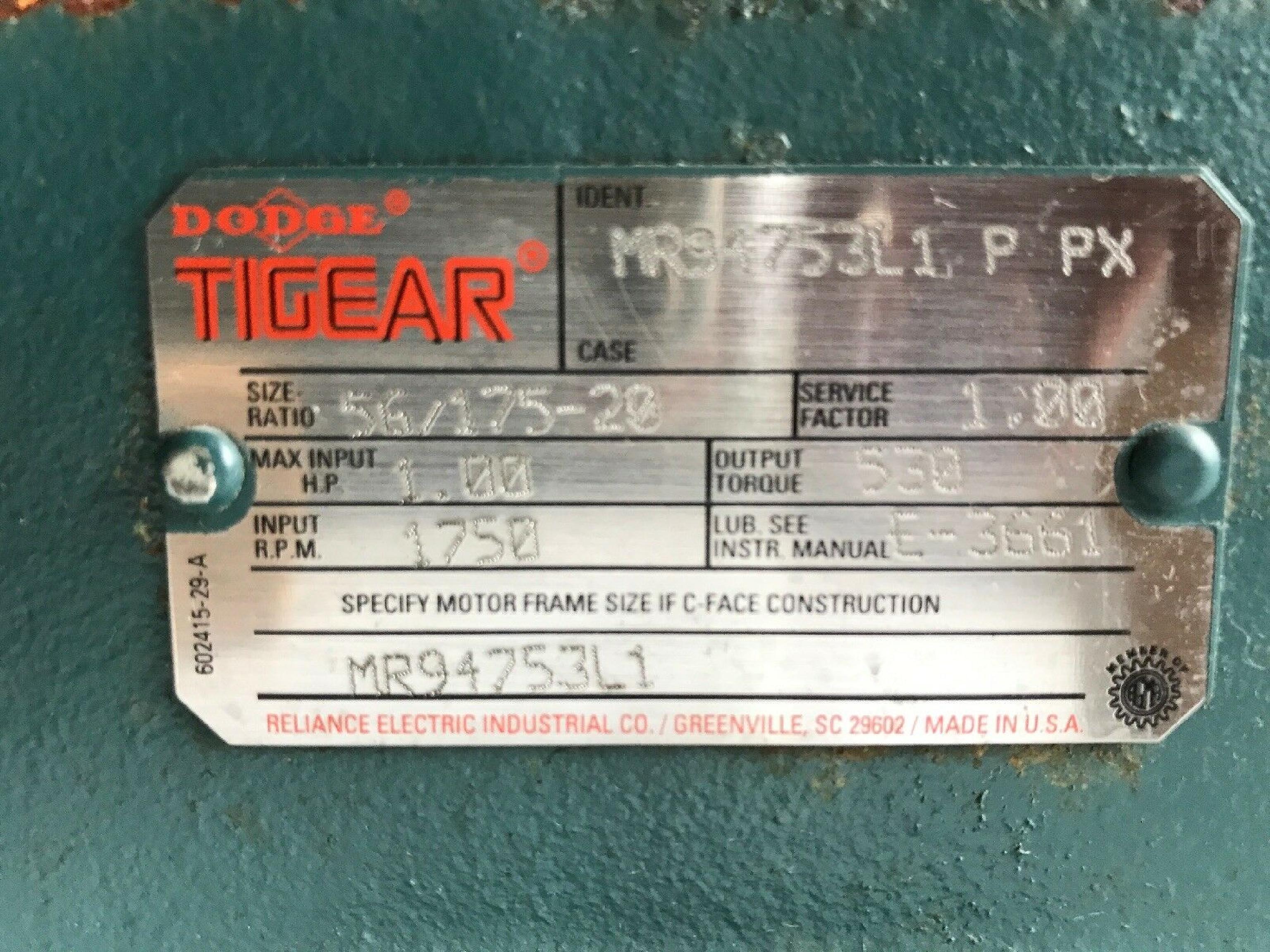 ROCKWELL DODGE AUTOMATION / DODGE MR94753L1 TIGEAR 2 RIGHT ANGLE GEAR REDUCER, MAX TORQUE OUT: 602 LB/IN, HP IN: 1.01 REDUCER; 20:1; OUT-602 IN/LB; IN - 1.04HP;