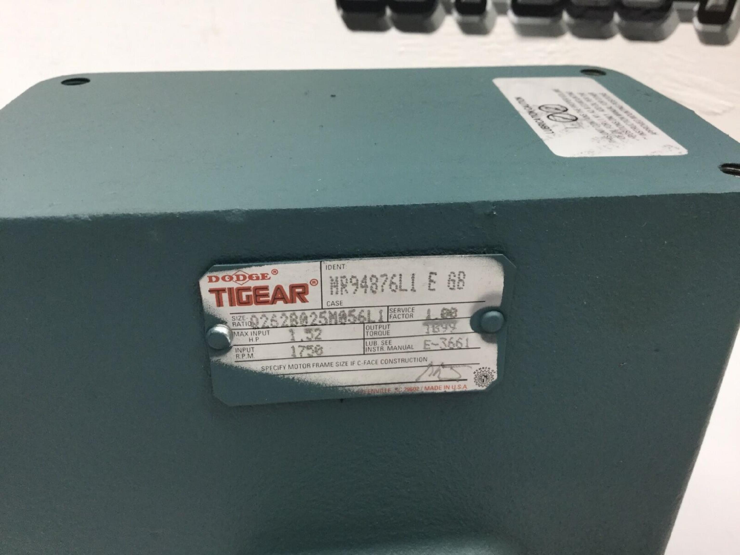 DODGE MR94876L1 RIGHT ANGLE GEAR REDUCER 25:1 RATIO, 1750 INPUT RPM, OUTPUT TORQUE - 1099, MAX HP - 1.52, LUBRICATION - E-3661, SERVICE FACTOR 1.00