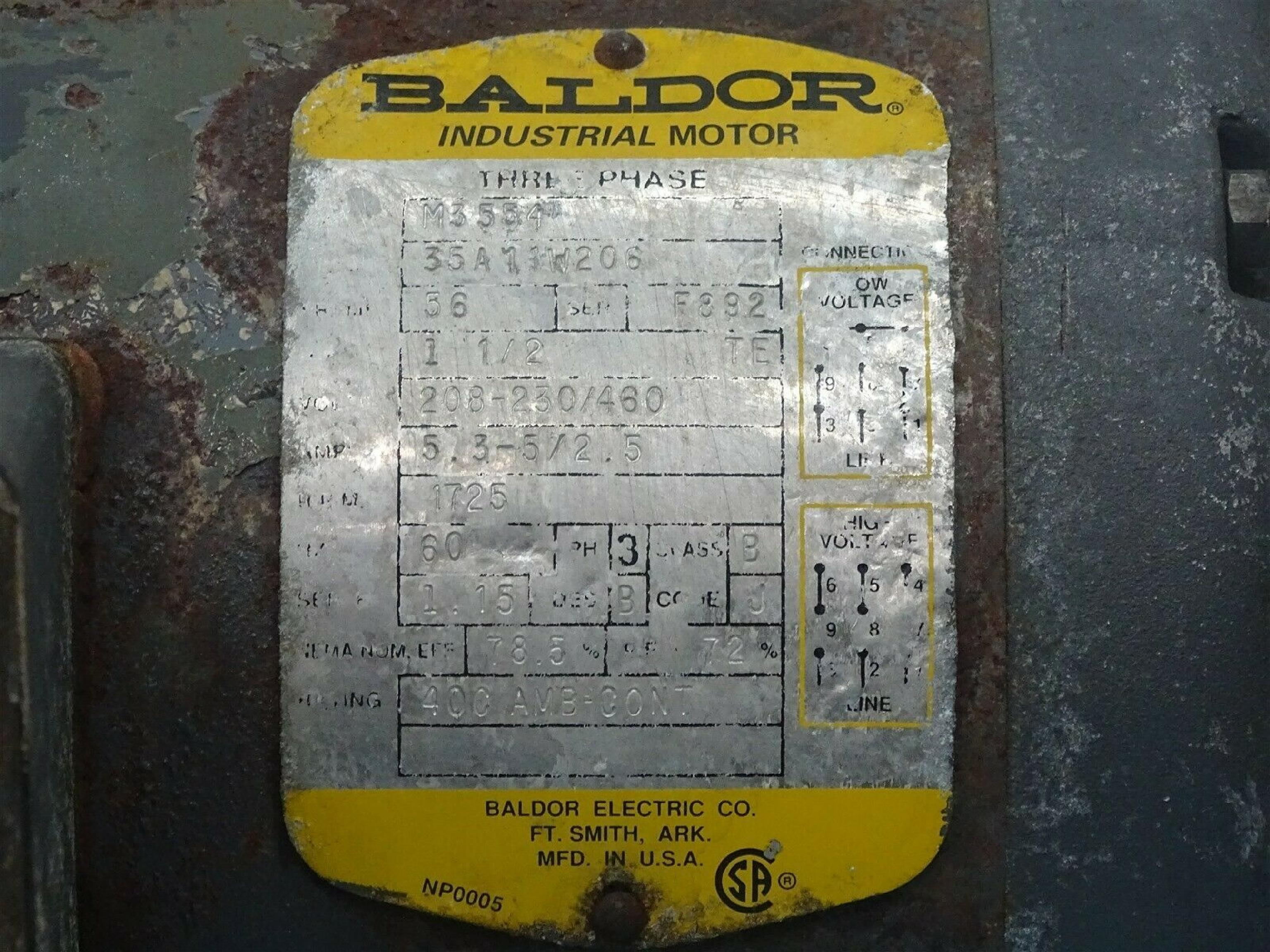 BALDOR M3554 3 PHASE INDUSTRIAL MOTOR; 1.5 HP; 1725 RPM; 208-230/460V; 60HZ; 5.3-5/2.5A;FRAME-56