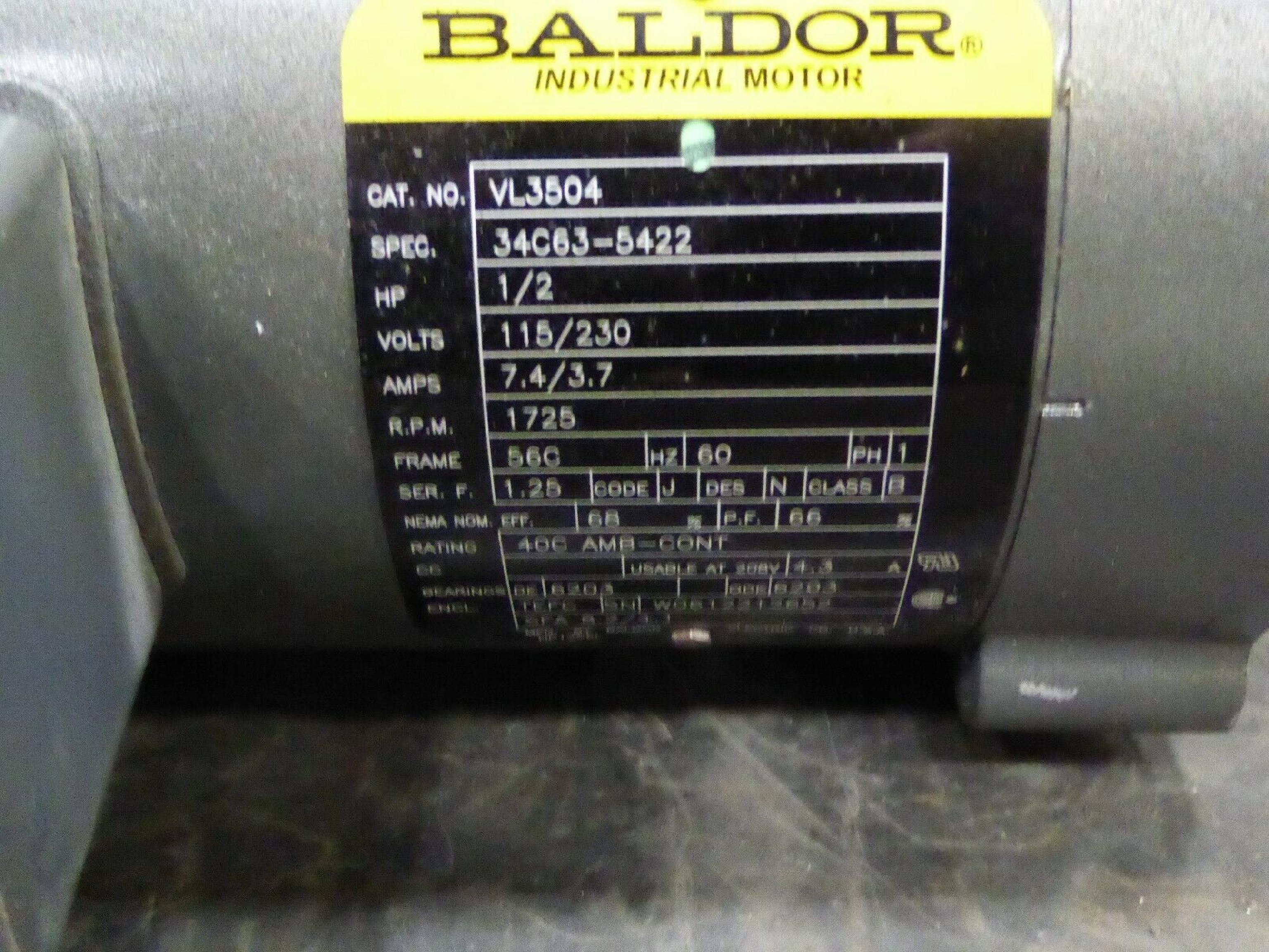 BALDOR VL3504 1 PHASE INDUSTRIAL MOTOR; 1/2HP; 1725 RPM; 115/208-230V; 60HZ; 7.8/4.1-3.9A; FRAME - 56C