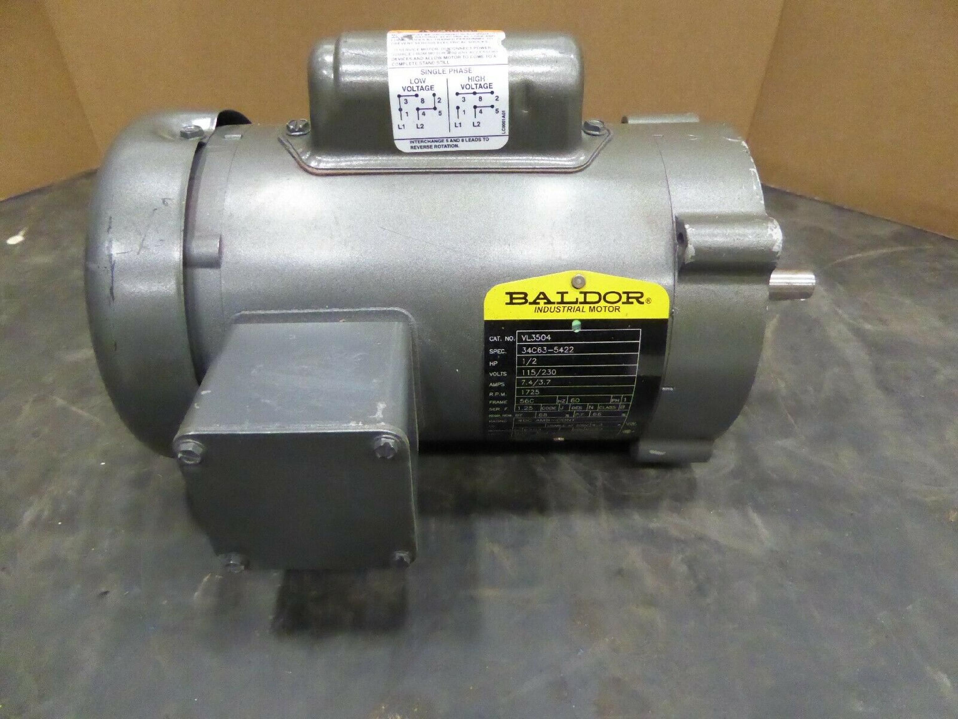 BALDOR VL3504 1 PHASE INDUSTRIAL MOTOR; 1/2HP; 1725 RPM; 115/208-230V; 60HZ; 7.8/4.1-3.9A; FRAME - 56C