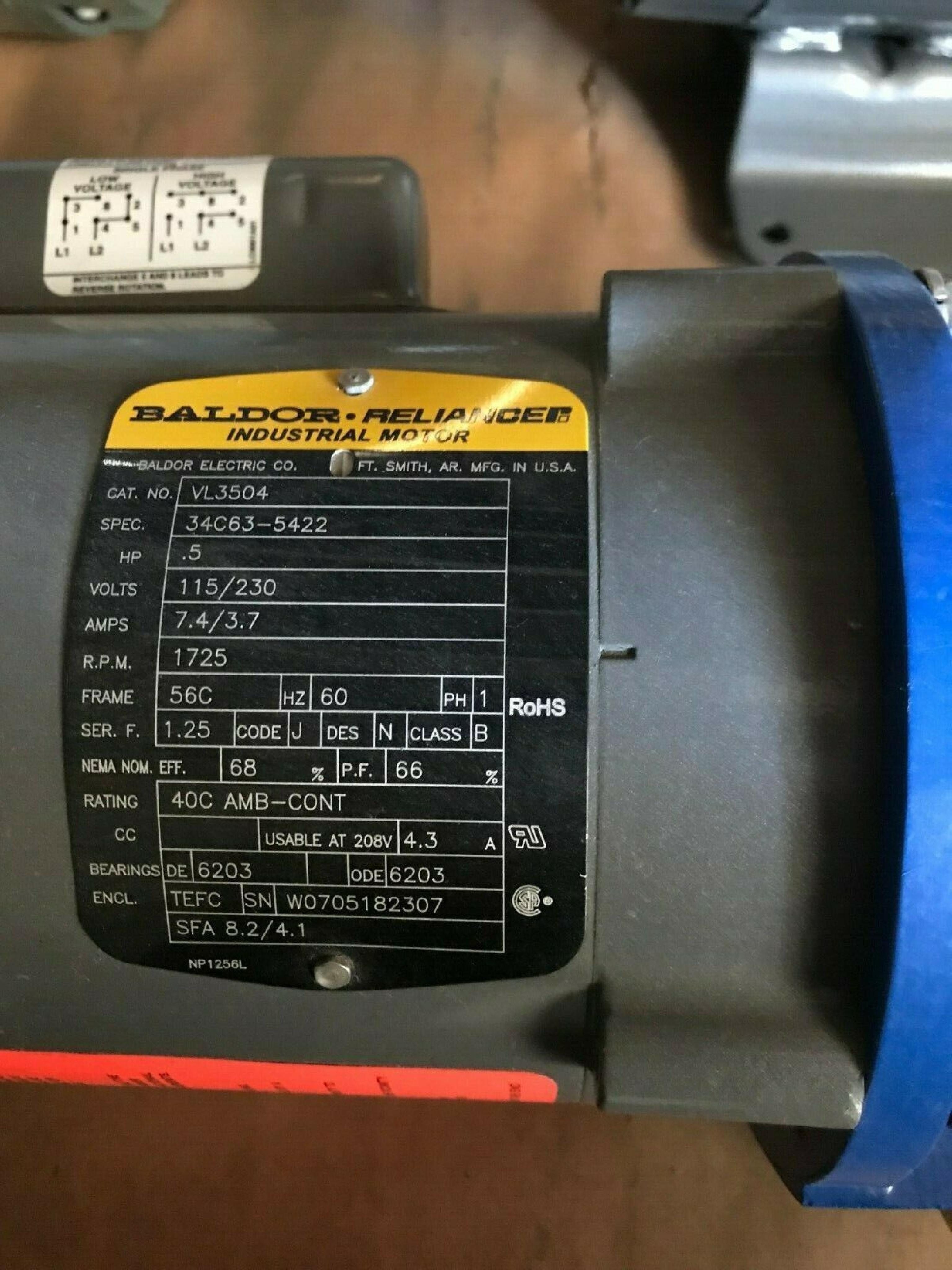 BALDOR VL3504 1 PHASE INDUSTRIAL MOTOR; 1/2HP; 1725 RPM; 115/208-230V; 60HZ; 7.8/4.1-3.9A; FRAME - 56C