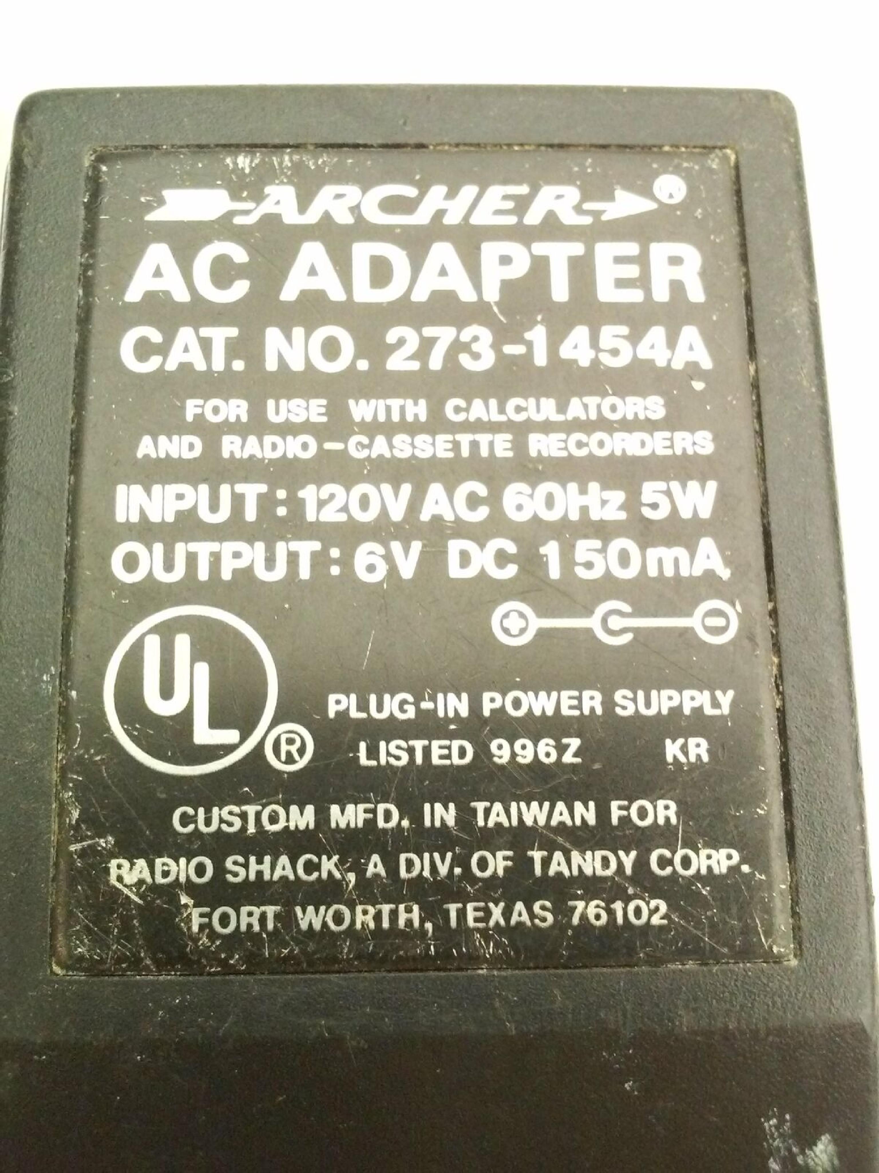 ARCHER 273-1454A AC ADAPTER 6VDC 150MA WITH BARREL CONNECTOR OD:5.5MM ID:2.1MM